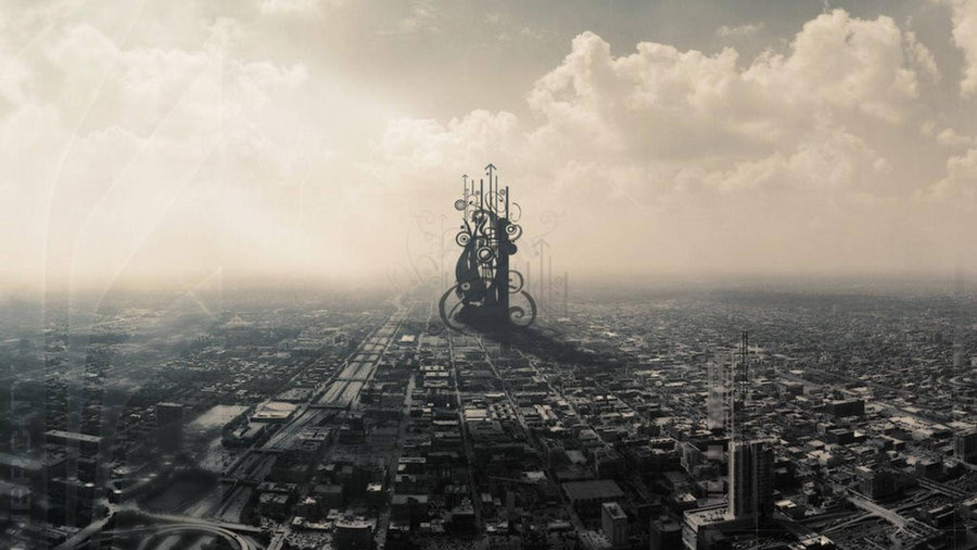 Tehran, sepia-toned cityscape, towering ornate mechanical structure, Full HD Desktop Wallpaper