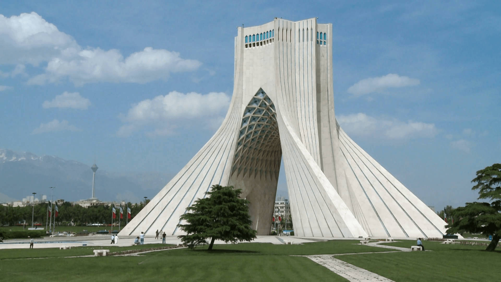 Tehran, white monument, geometric lattice arch, Full HD Desktop Wallpaper