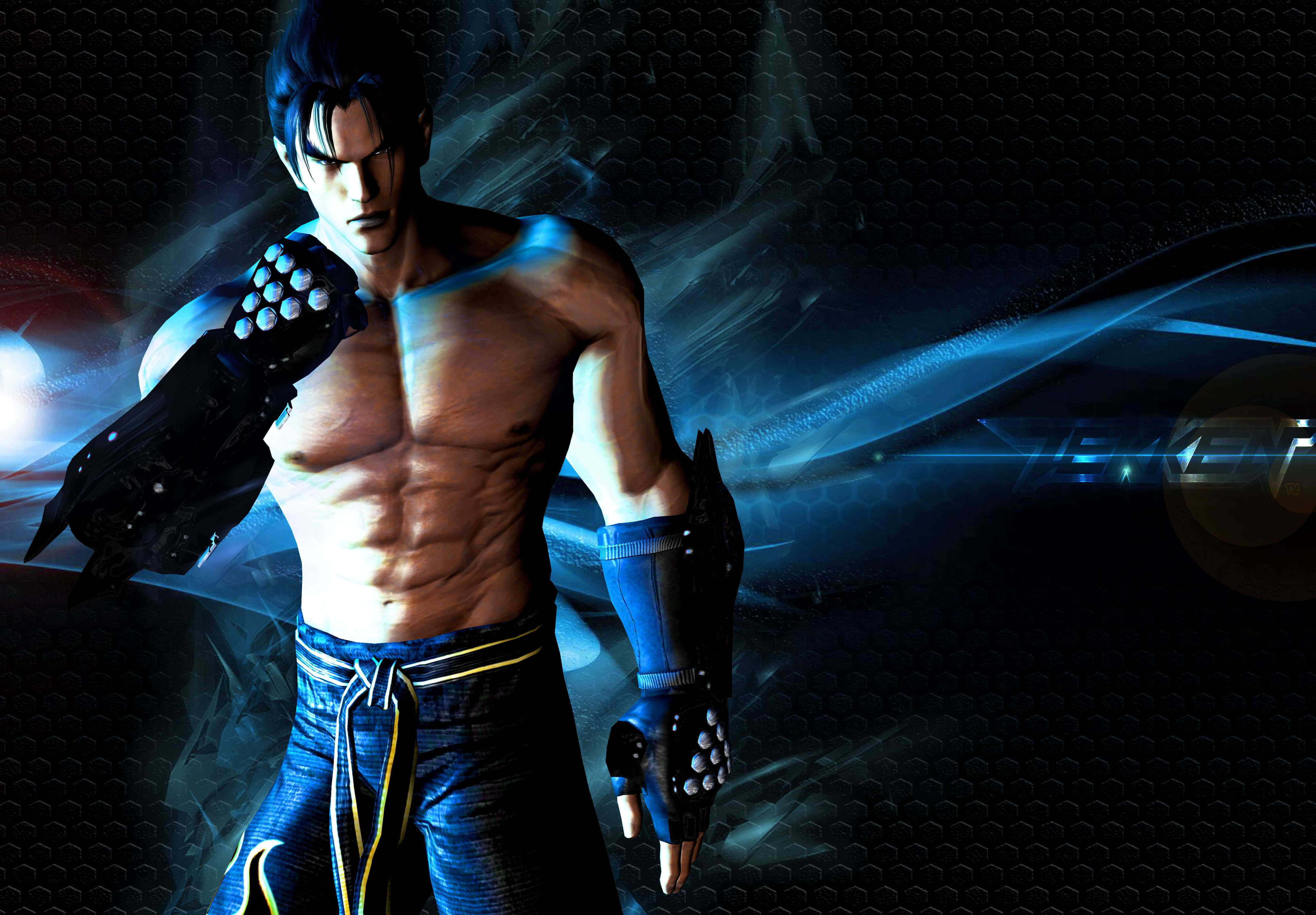 Tekken Characters, muscular anime fighter, glowing blue accents, 5K Desktop Wallpaper