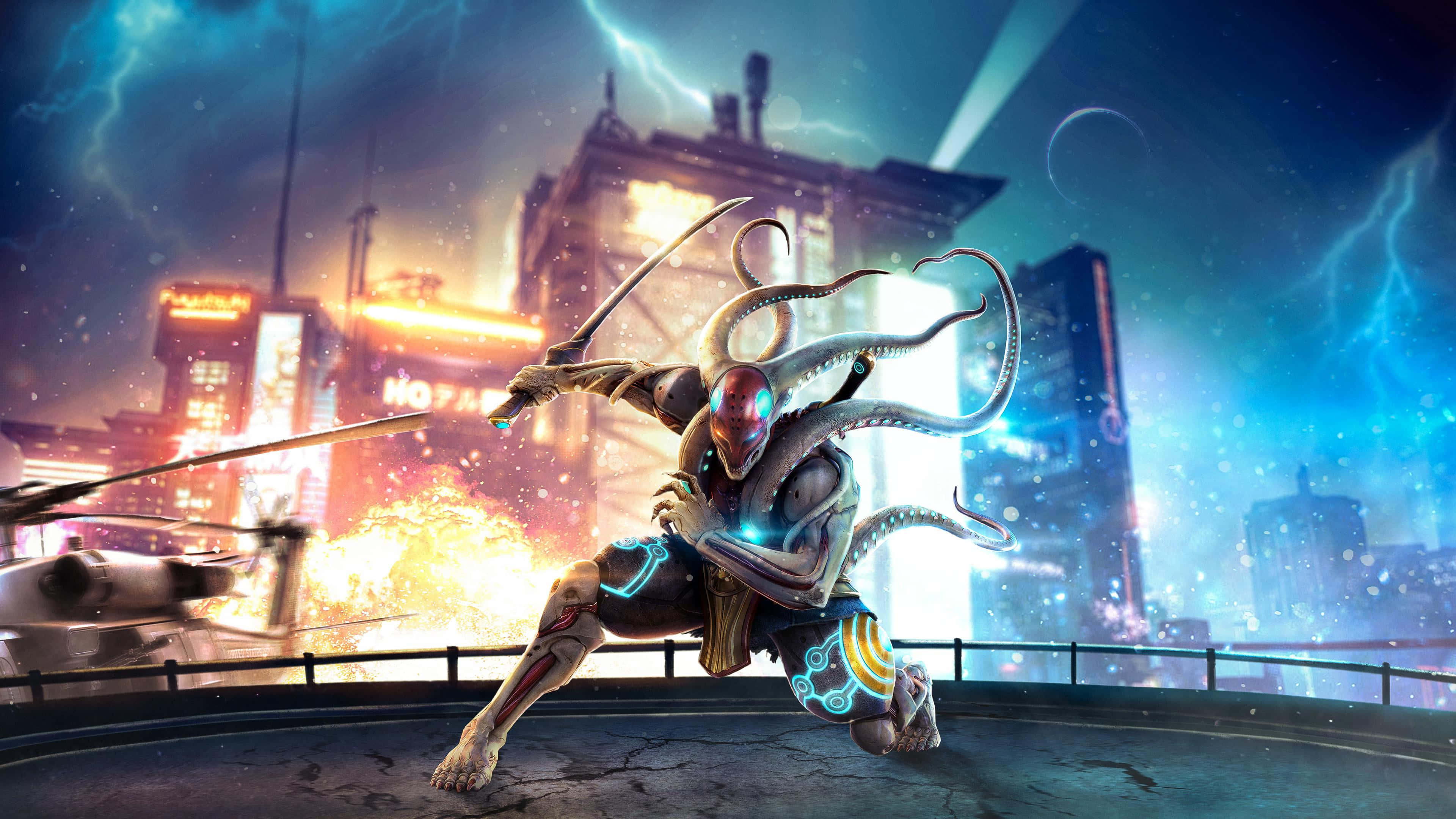 Tekken Characters, cybernetic octopus warrior, glowing blades, 4K Desktop Wallpaper