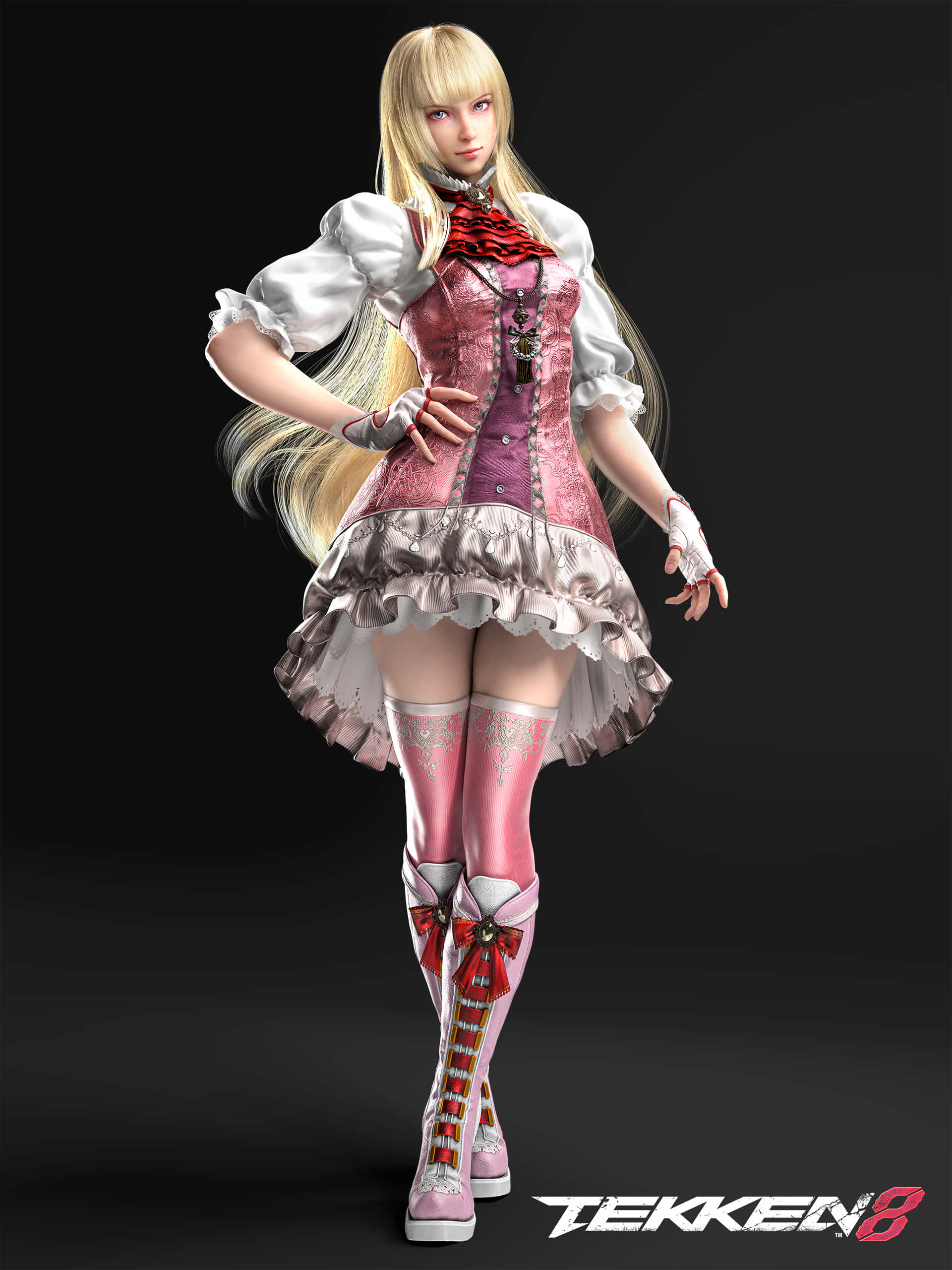 Tekken 8, blonde female fighter, pink and white frilly outfit, 2K Phone Wallpaper