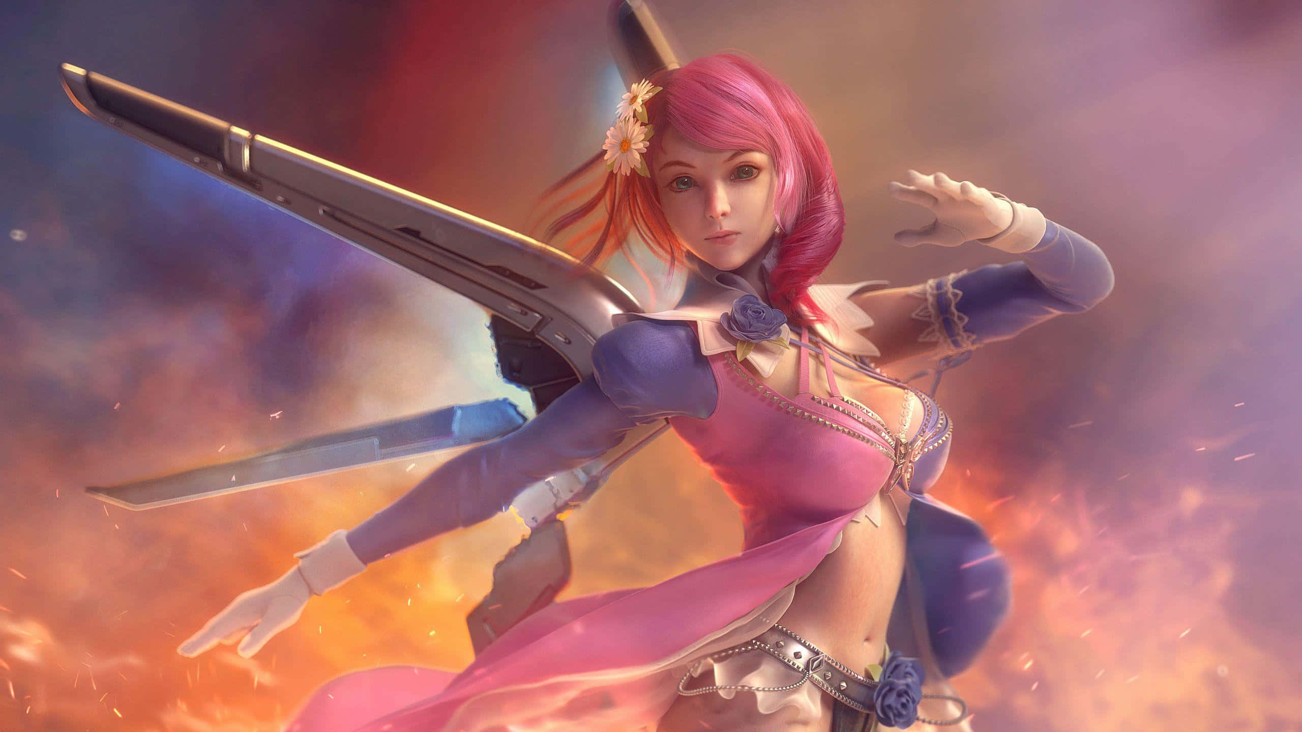 Tekken Characters, pink-haired anime warrior, flowing pink outfit, 2K Desktop Wallpaper
