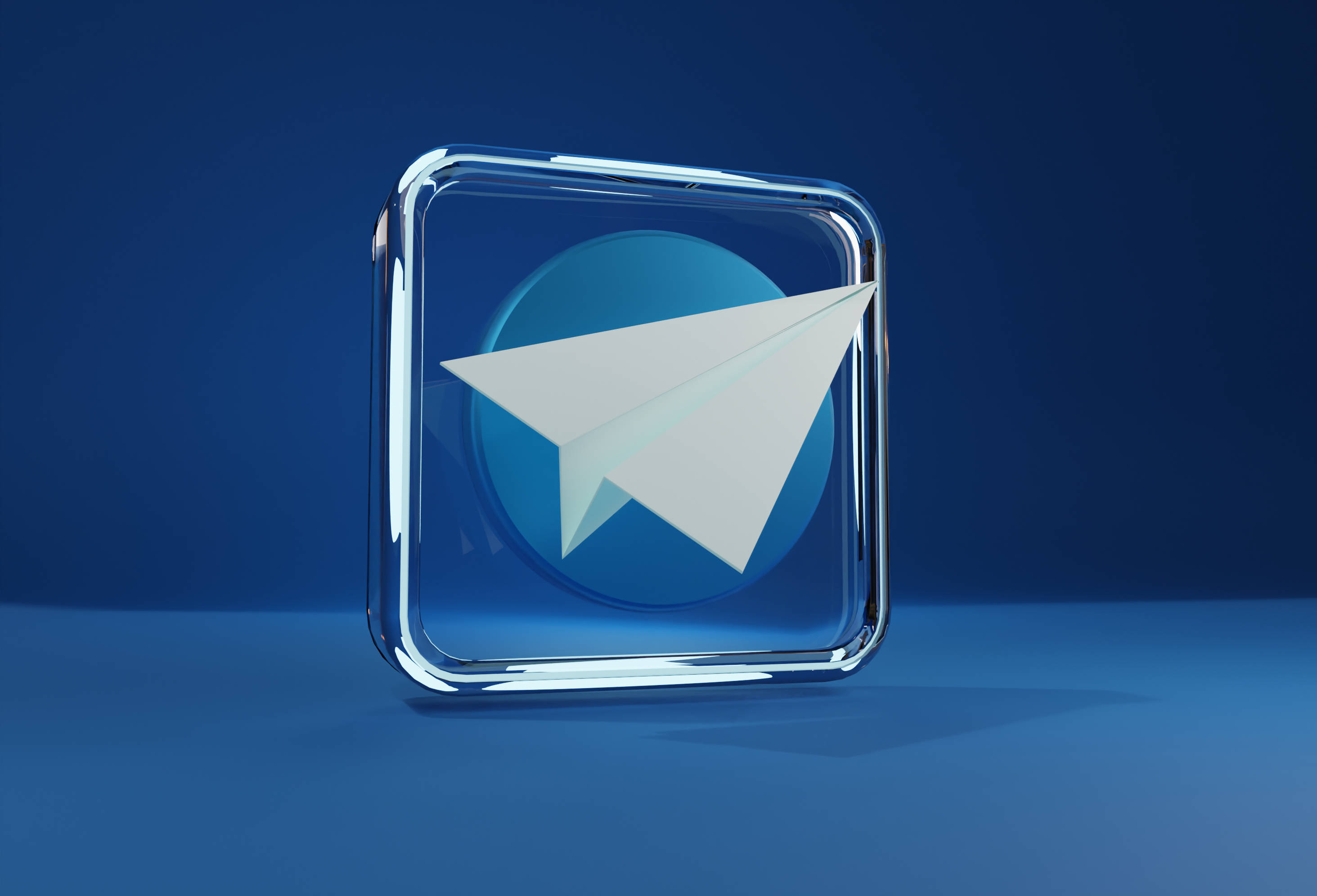 Telegram, glass, white paper airplane, 2K Desktop Wallpaper