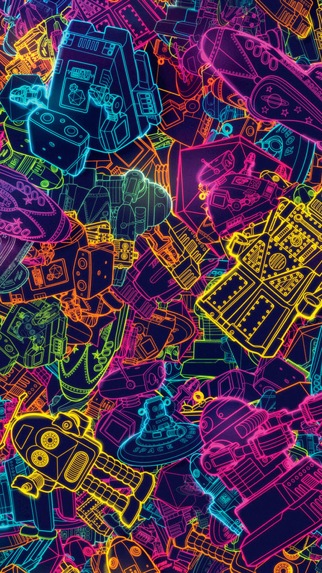 Telegram, neon outlines, retro robots, Full HD Phone Wallpaper