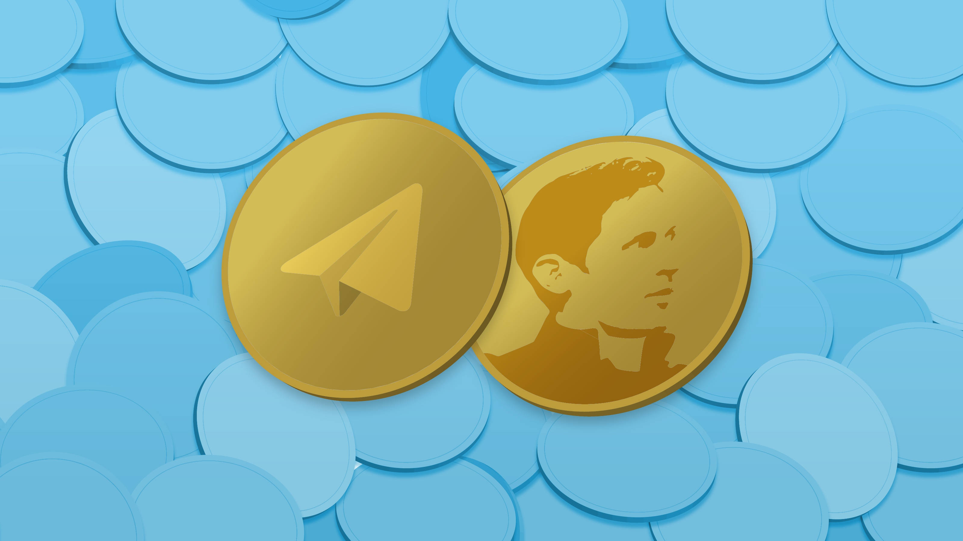 Telegram, gold coins, man's profile, 2K Desktop Wallpaper