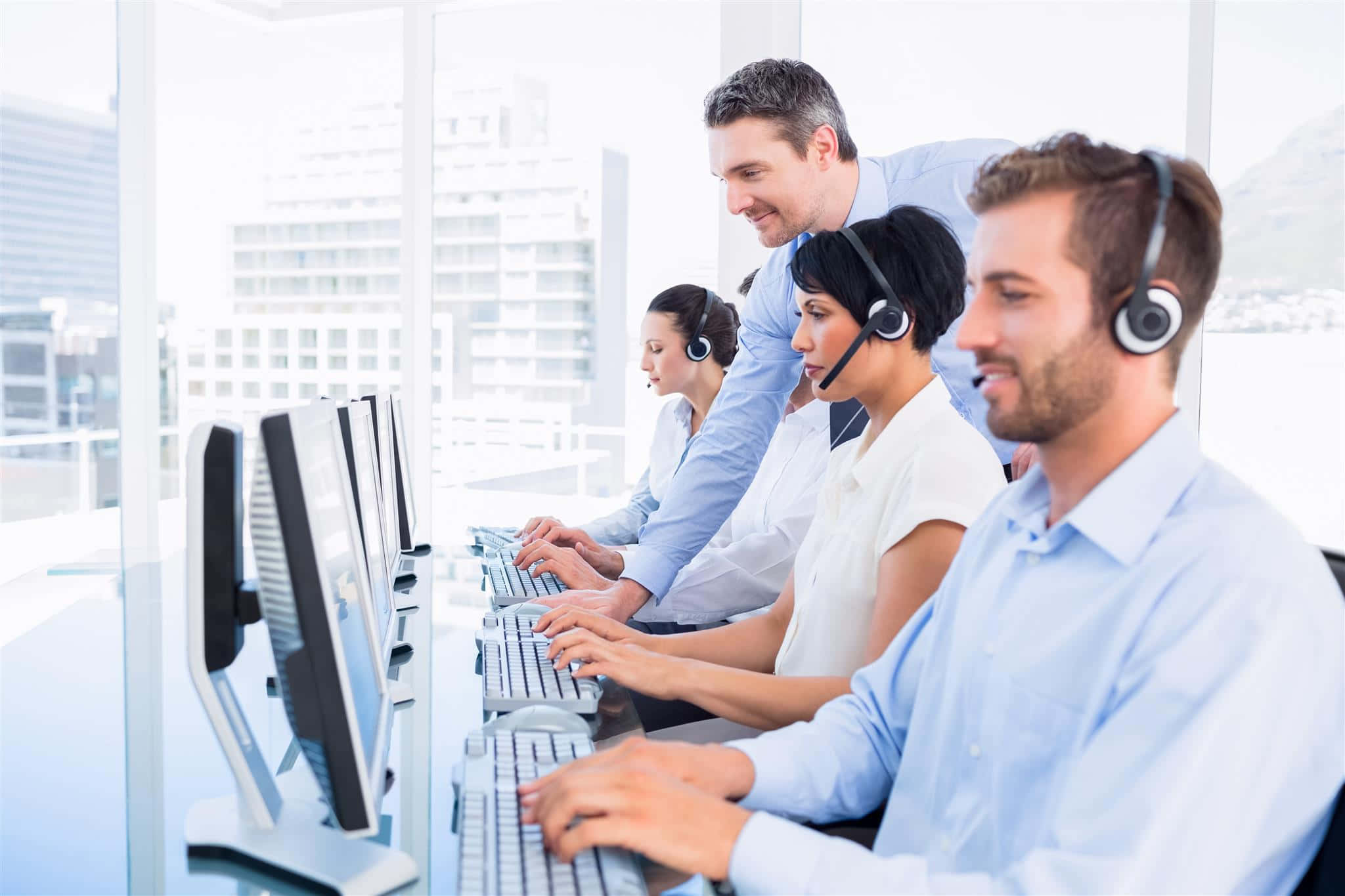 Telemarketing, light blue shirts, headsets, Full HD Desktop Wallpaper