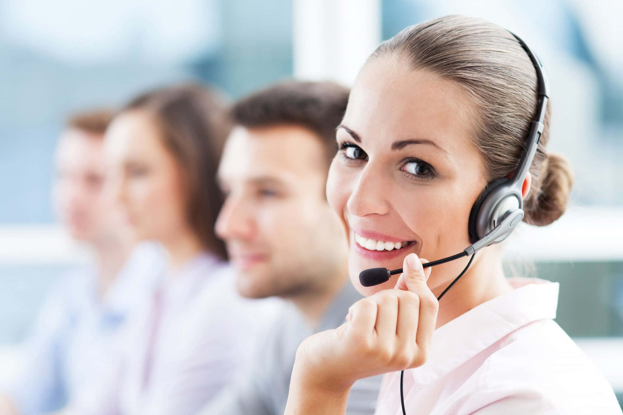 Telemarketing, headset, bright office, Full HD Desktop Wallpaper