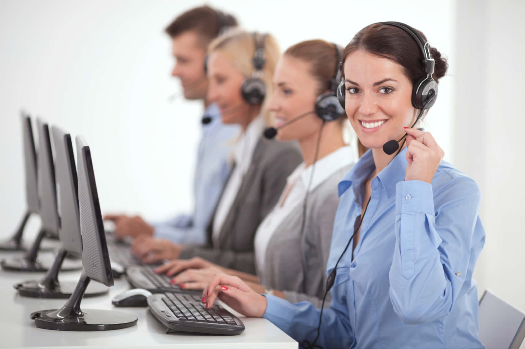 Telemarketing, blue shirt, headset, HD Desktop Wallpaper