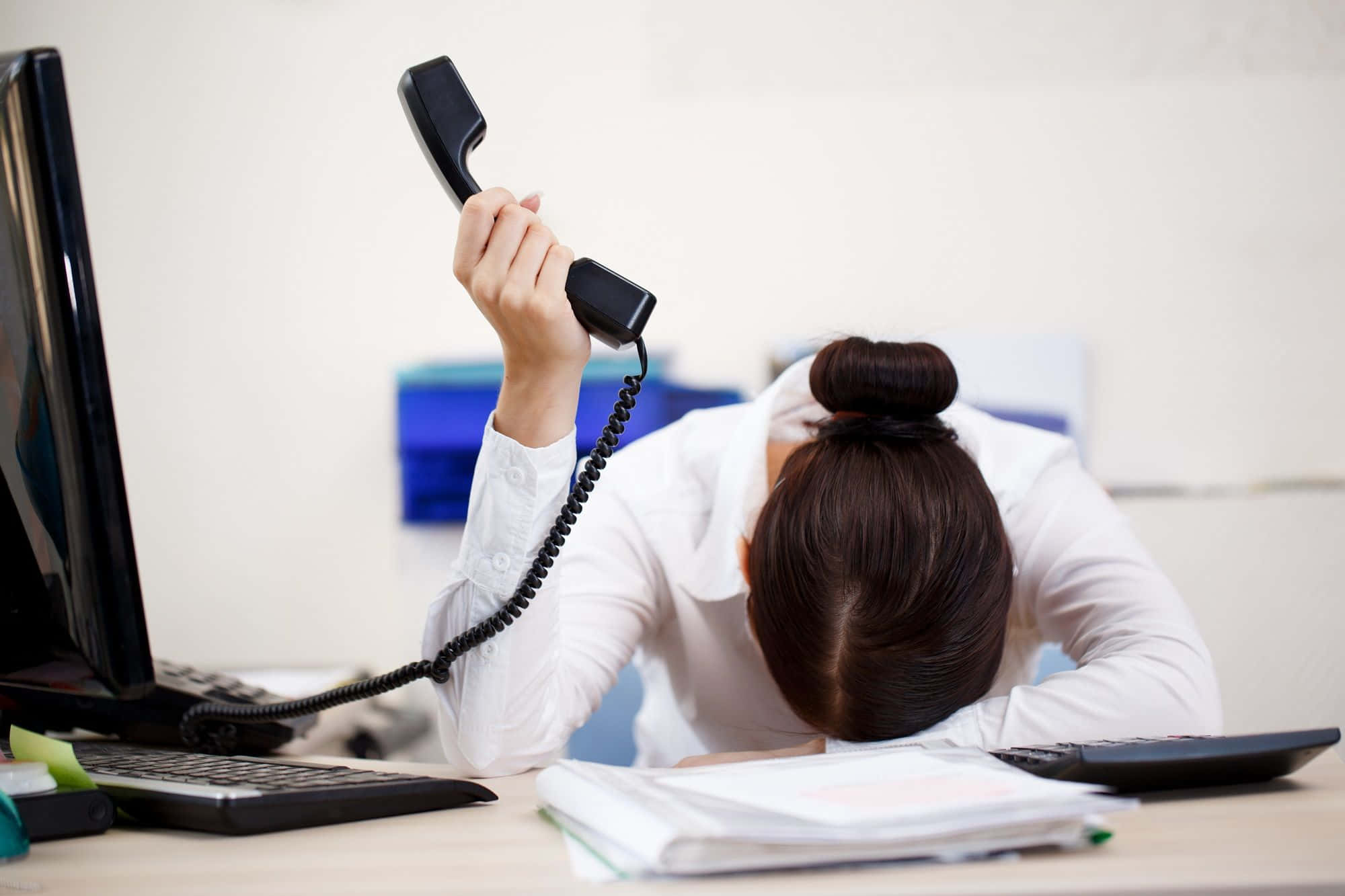 Telemarketing 2000, white blouse, black phone receiver, Full HD Desktop Wallpaper