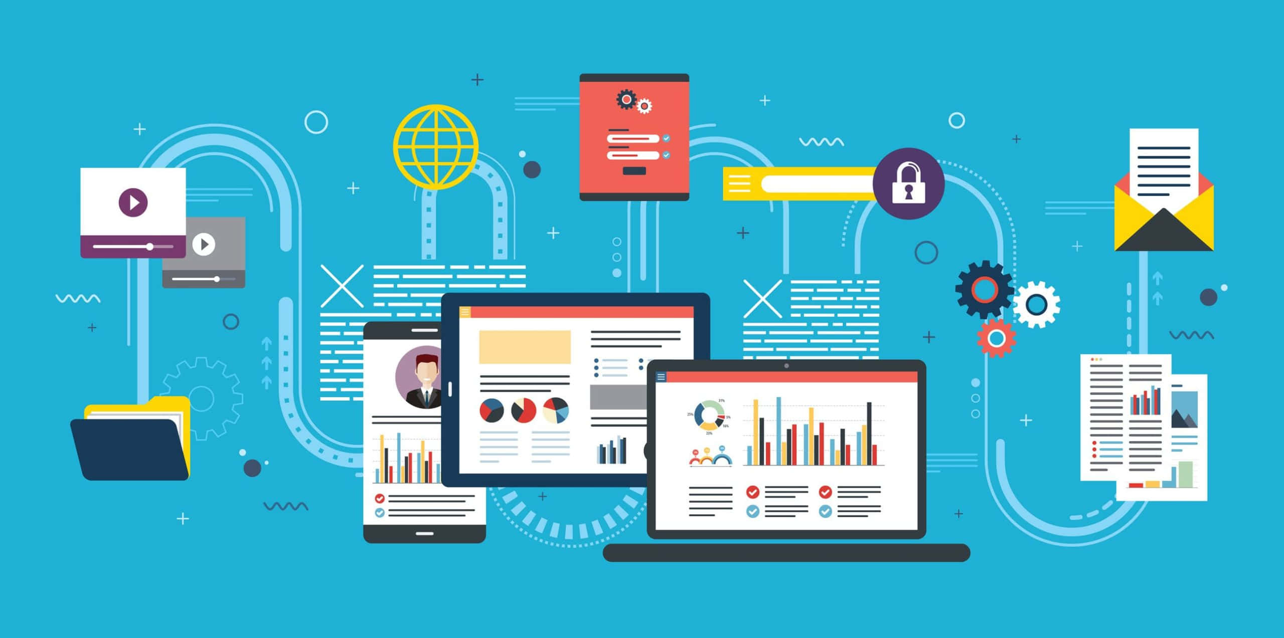 telemarketing, teal background, interconnected devices, 2K Desktop Wallpaper