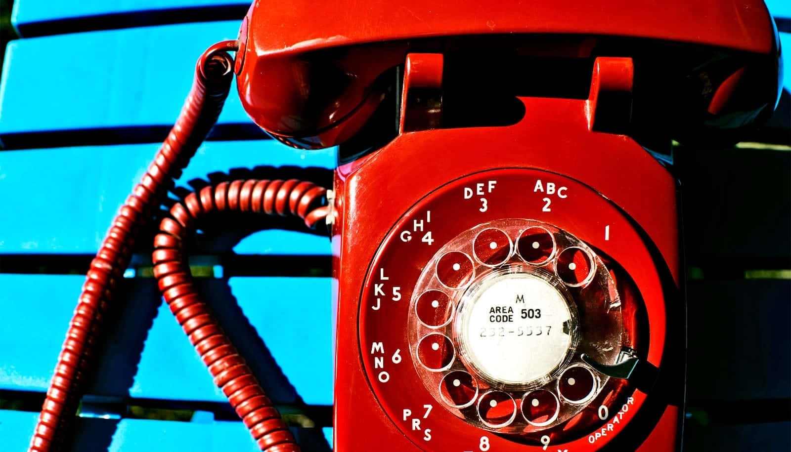 vintage red rotary phone, coiled cord, bright blue slatted background, HD Desktop Wallpaper