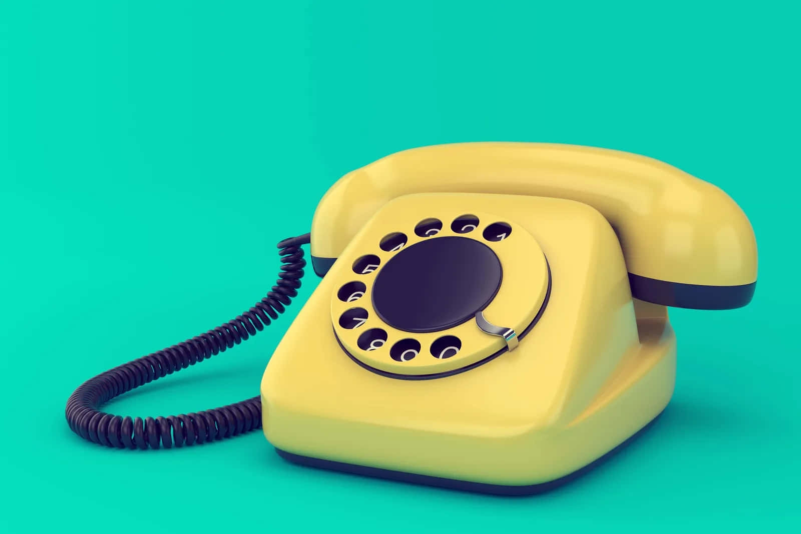 vintage yellow rotary phone, black coiled cord, vibrant teal background, HD Desktop Wallpaper