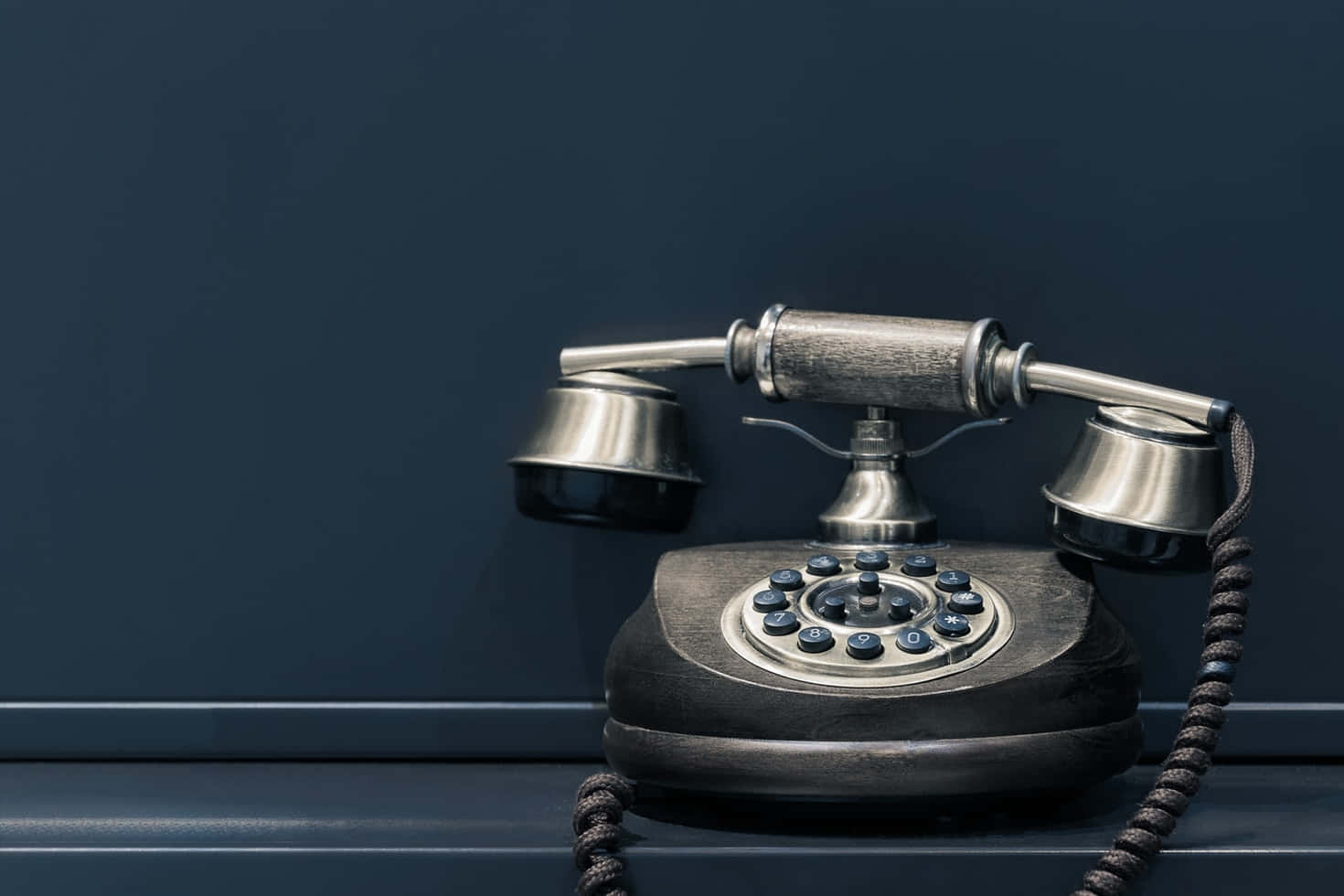vintage rotary telephone, metallic accents, dark blue surface, HD Desktop Wallpaper