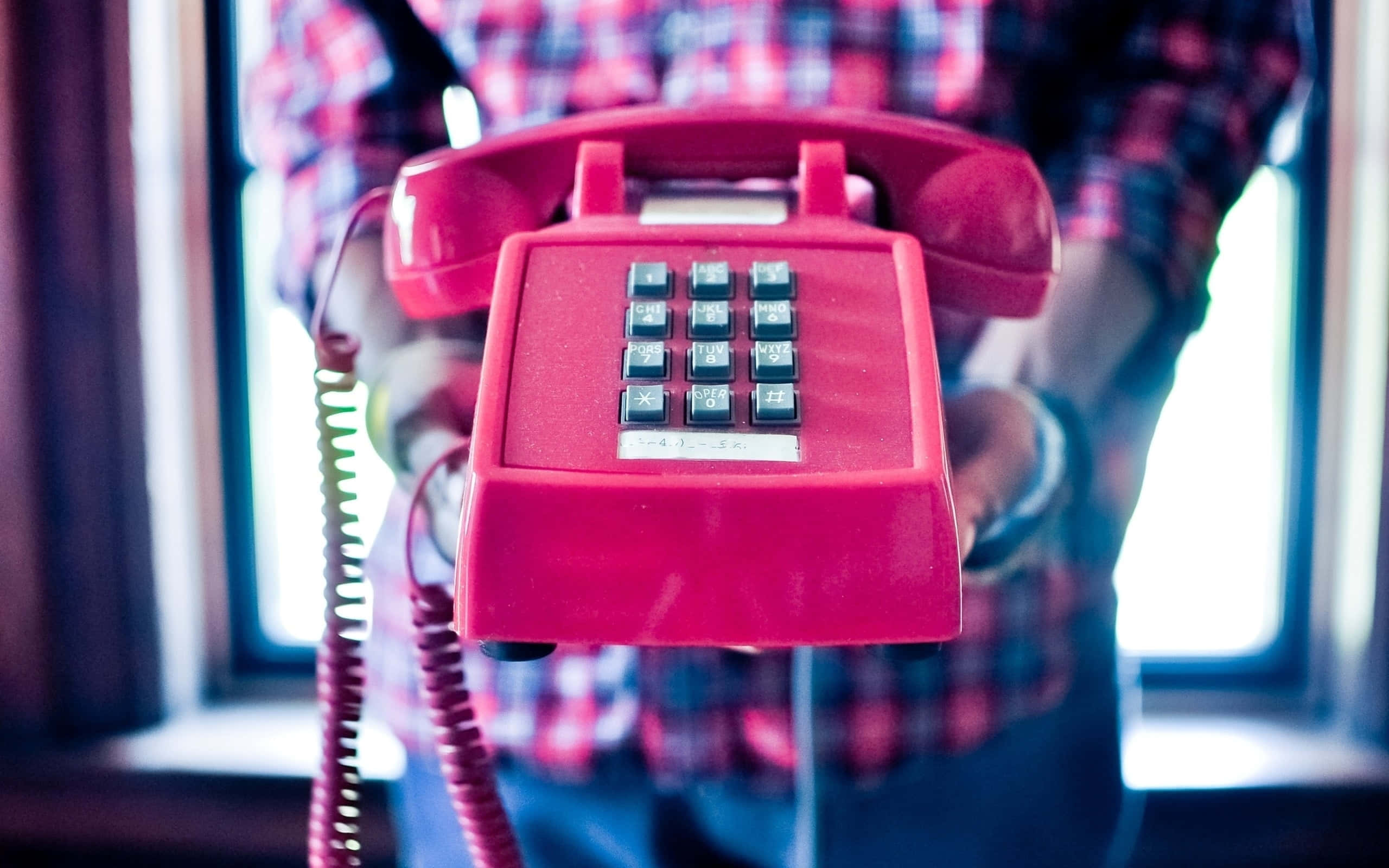 red retro telephone, plaid shirt, vintage red rotary phone, 2K Desktop Wallpaper