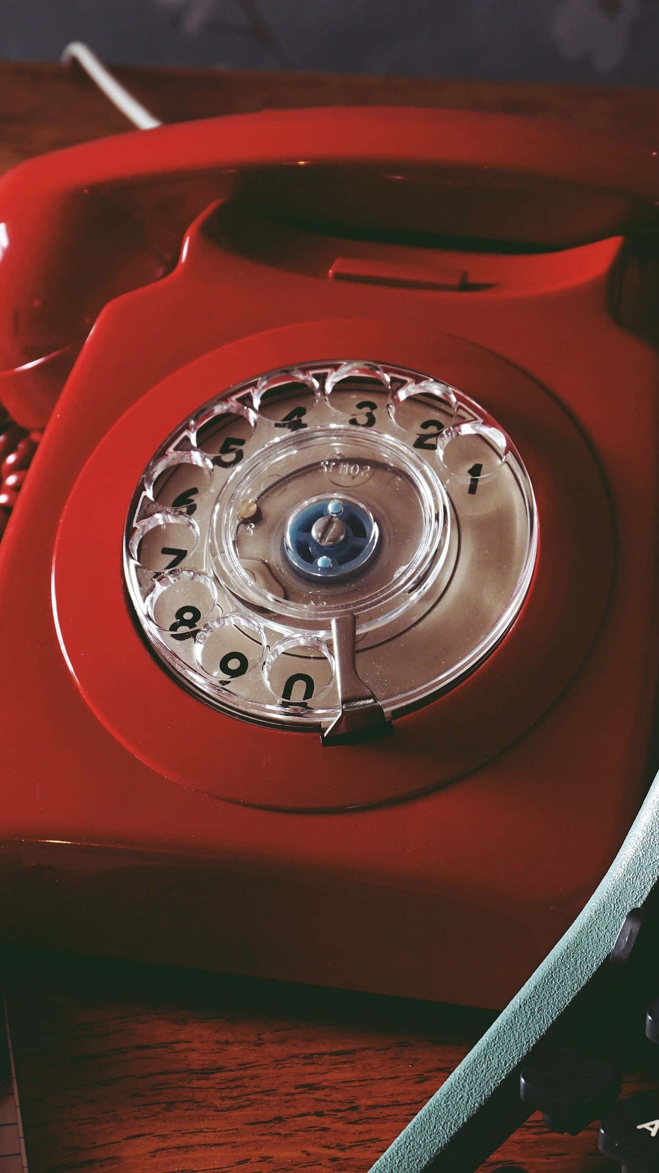 vintage red rotary phone, chrome dial, wooden surface, Full HD Phone Wallpaper