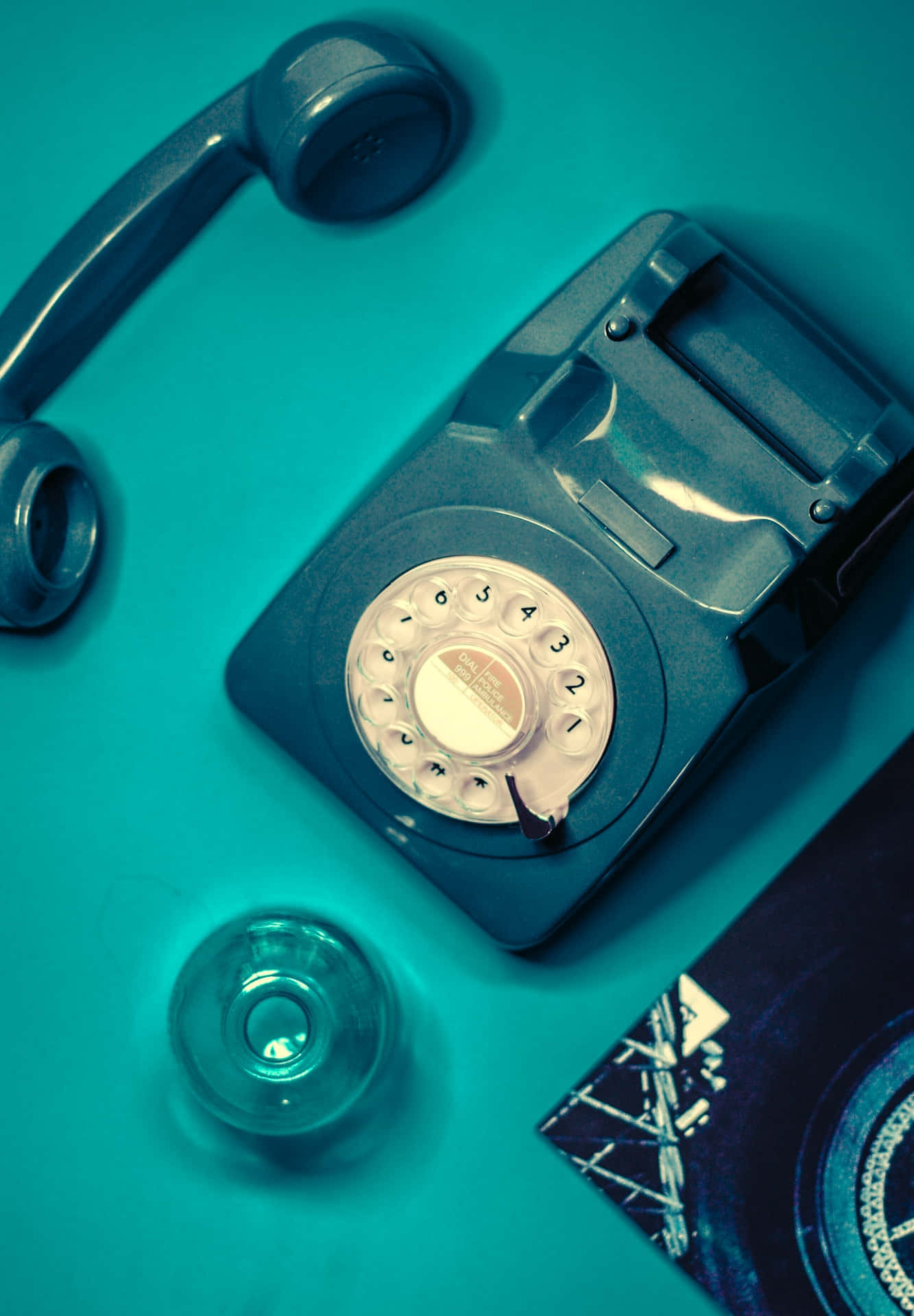 vintage rotary phone, blue background, teal surface, Full HD Phone Wallpaper