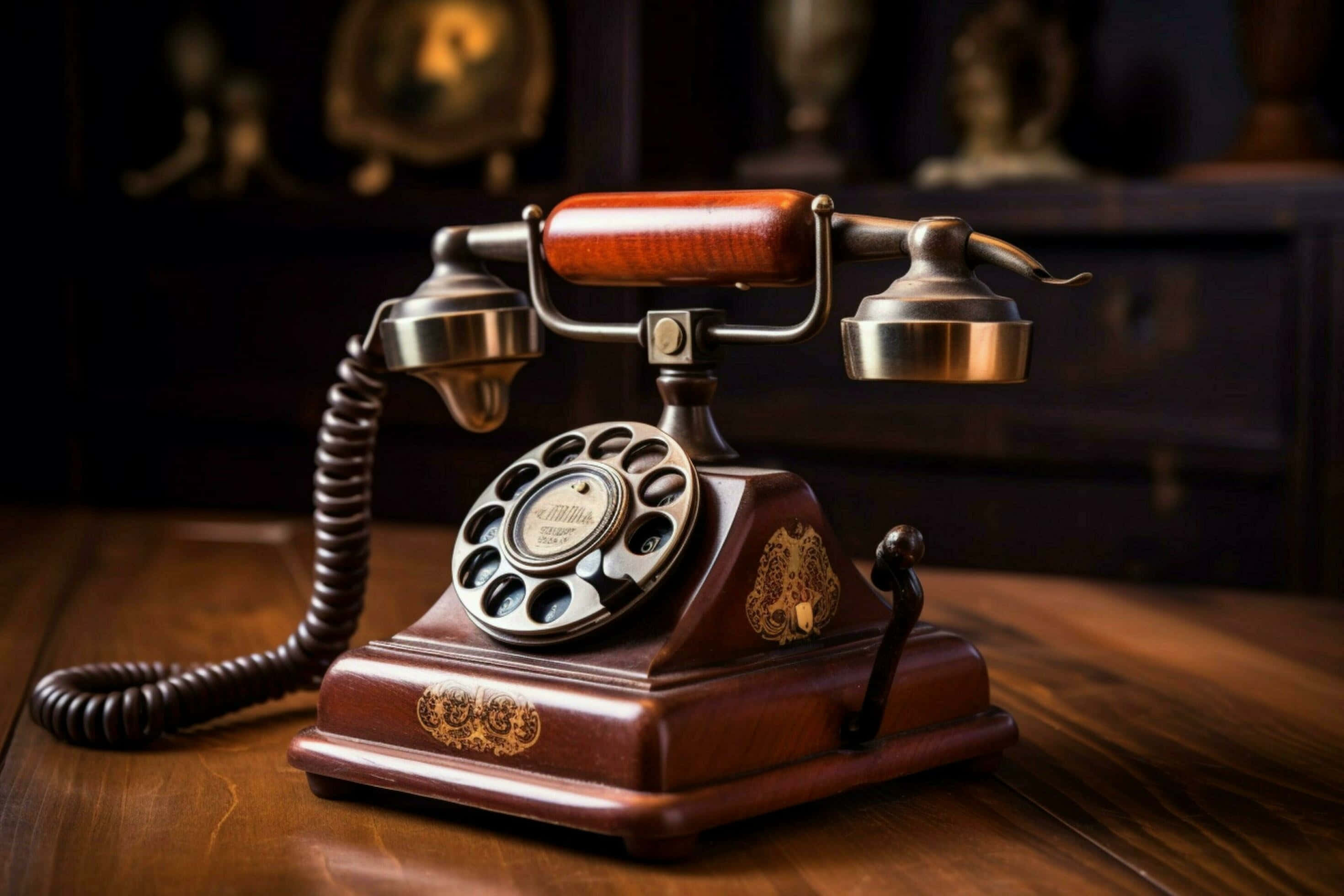 vintage rotary phone, wooden base, brass accents, 2K Desktop Wallpaper