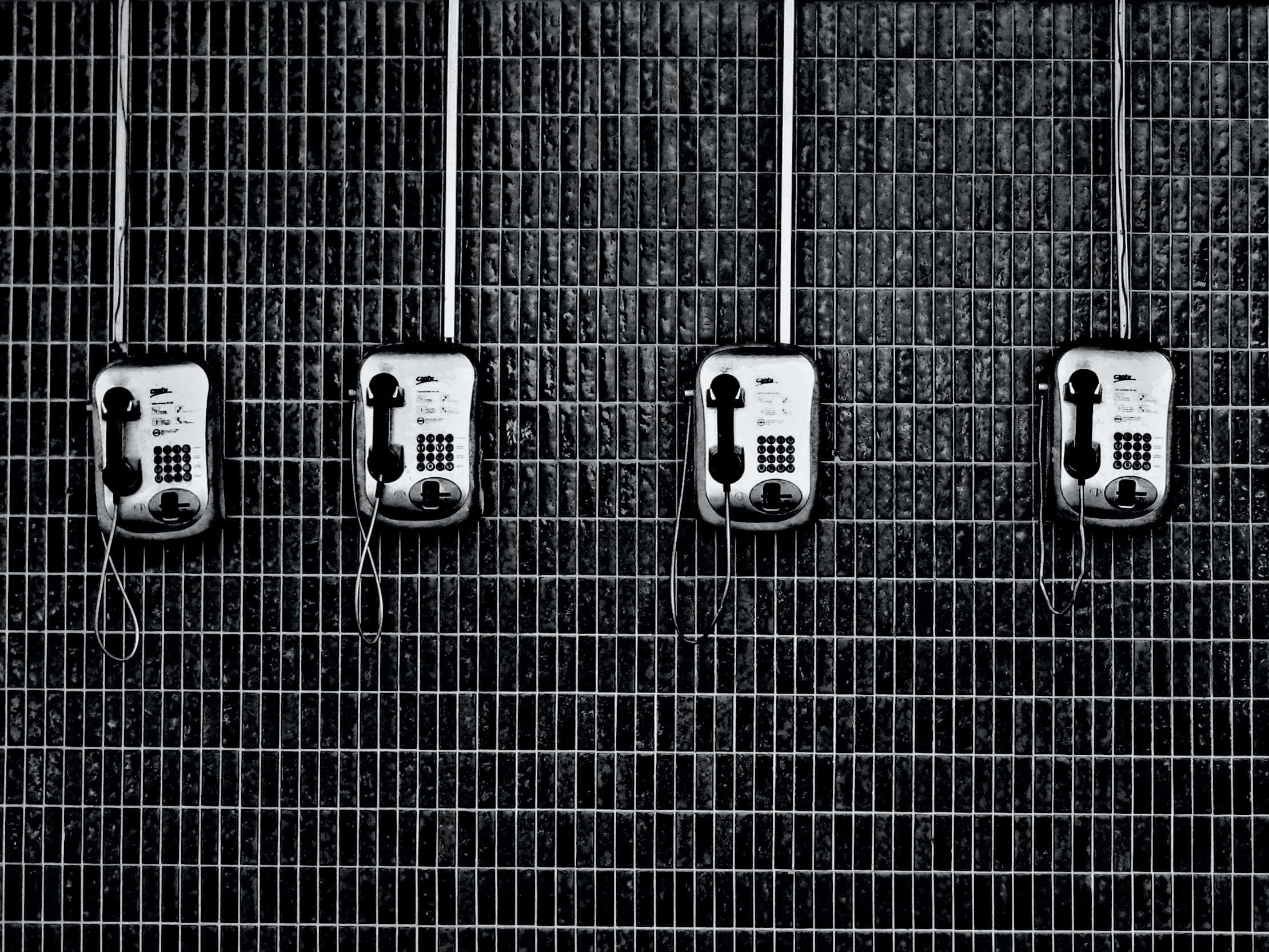 four telephones, vintage payphones, textured metal grid wall, Full HD Desktop Wallpaper