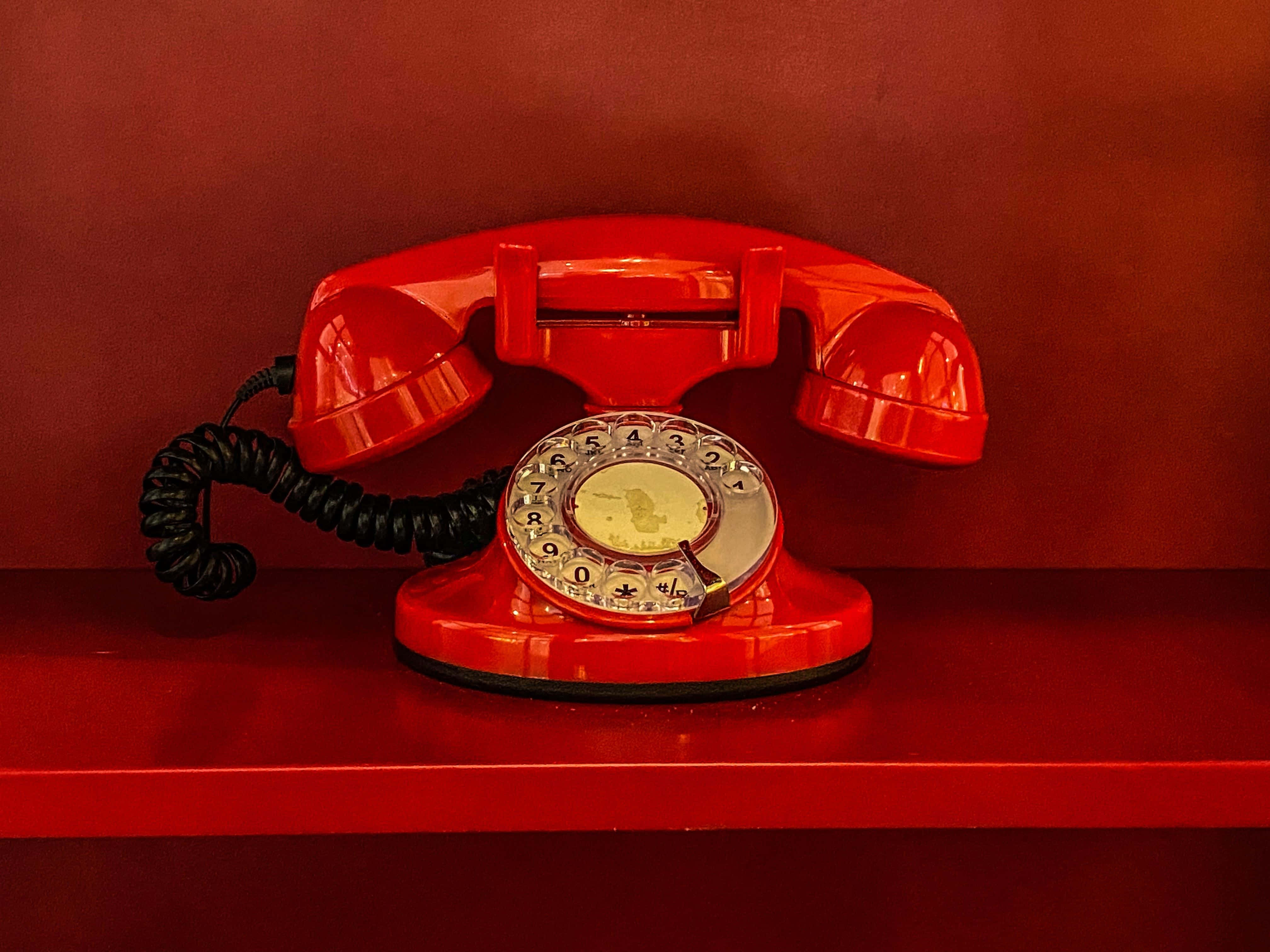 vintage red rotary phone, red shelf, deep red wall, 4K Desktop Wallpaper
