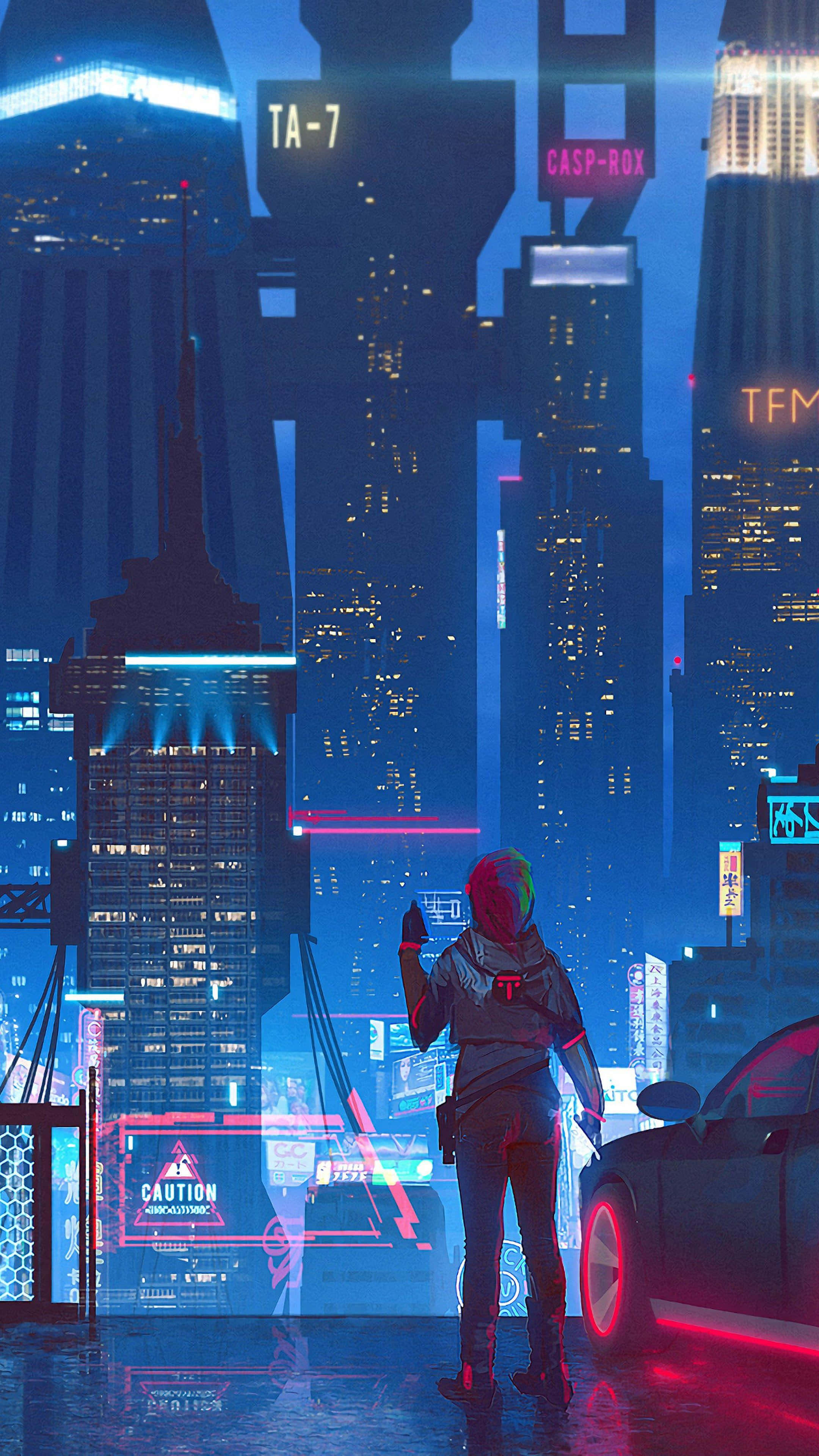 cyberpunk cityscape, neon-drenched, night, 4K Phone Wallpaper