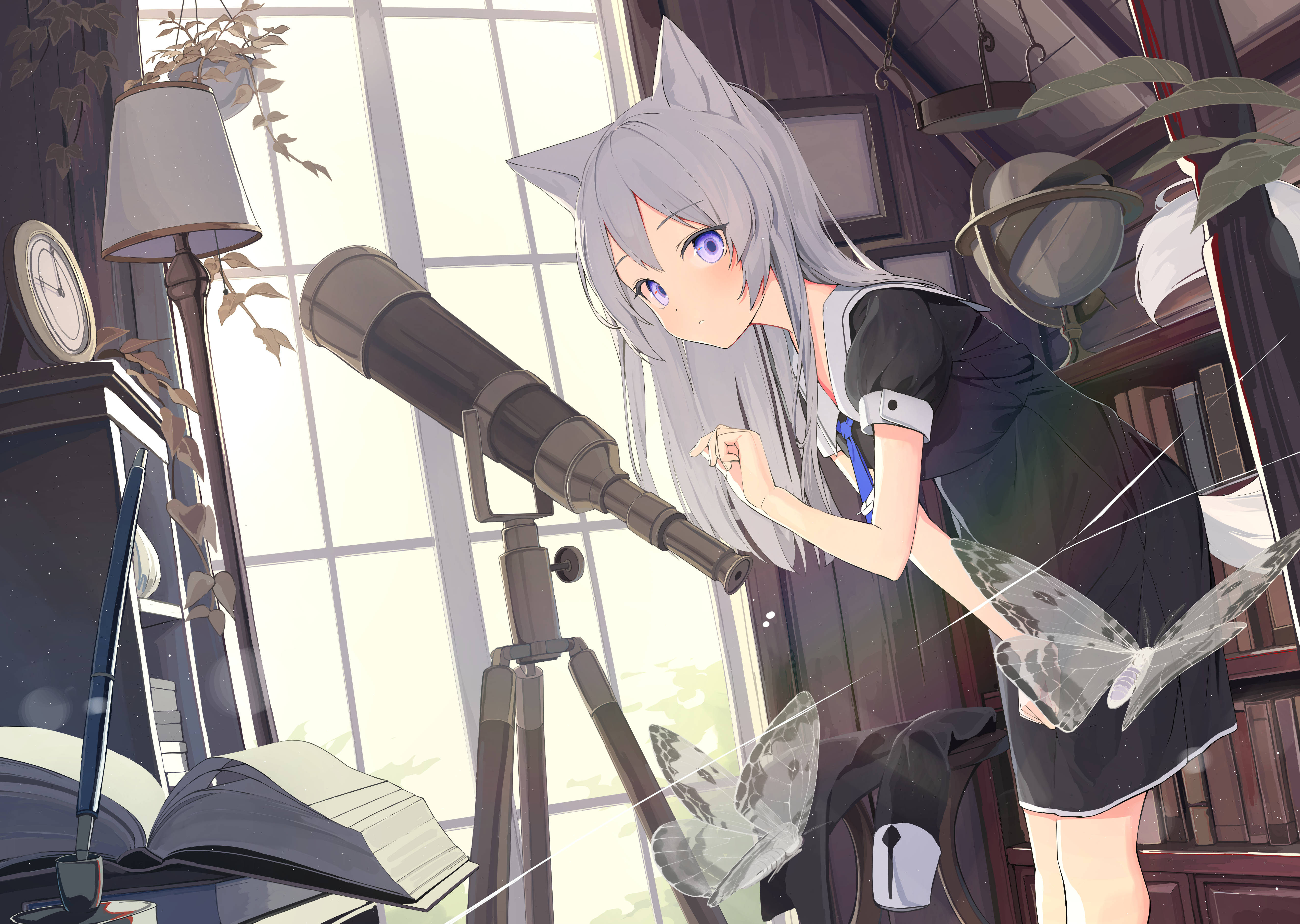 anime girl, cat ears, telescope, 4K Desktop Wallpaper