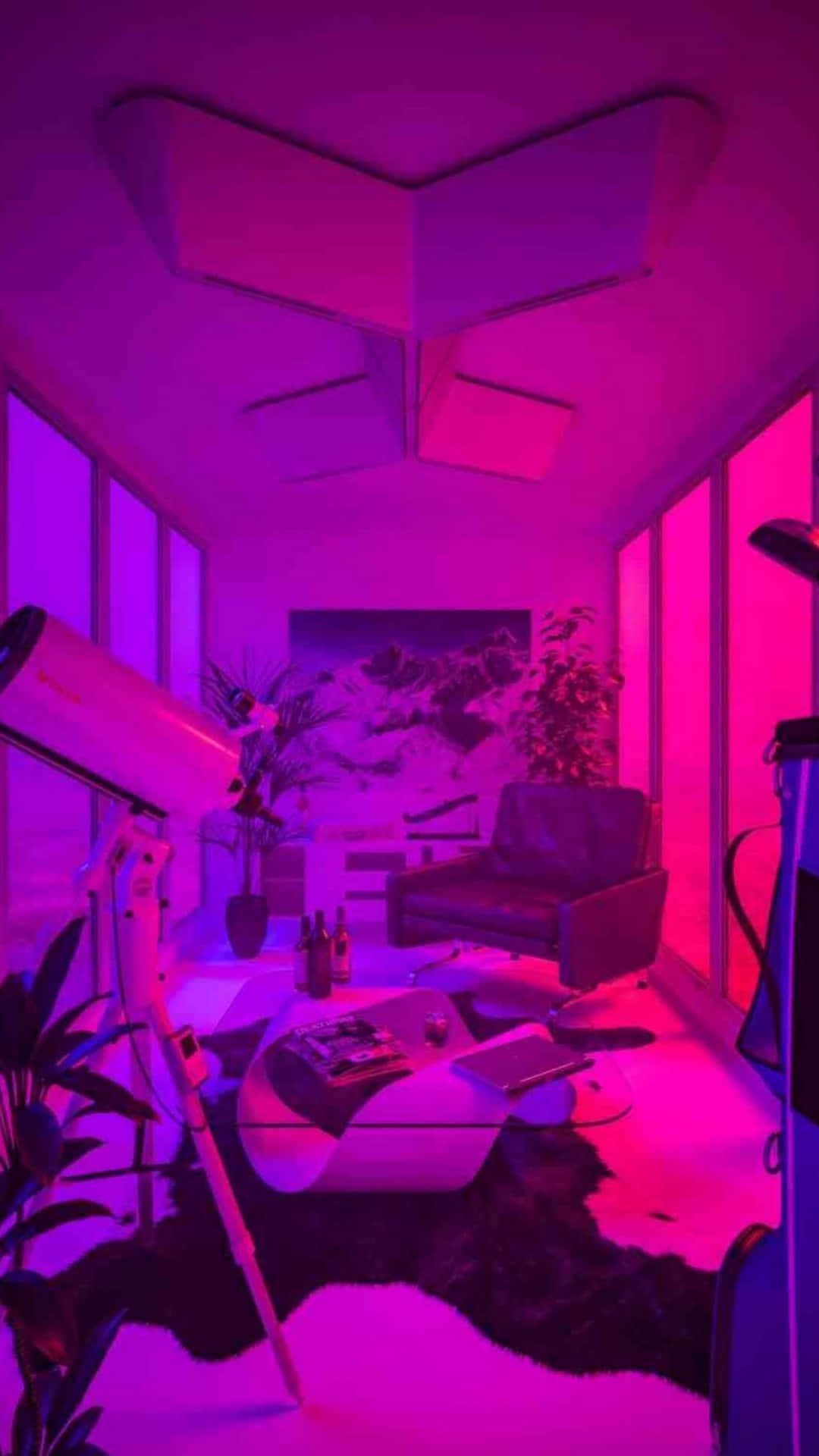 Pretty Purple Living Room, telescope, futuristic living room, Full HD Phone Wallpaper