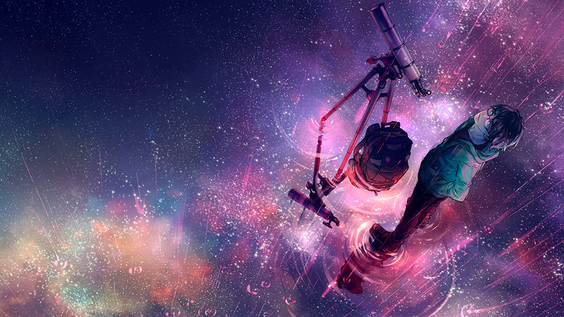 telescope, cosmic nebula, pink purple and blue starfields, Full HD Desktop Wallpaper