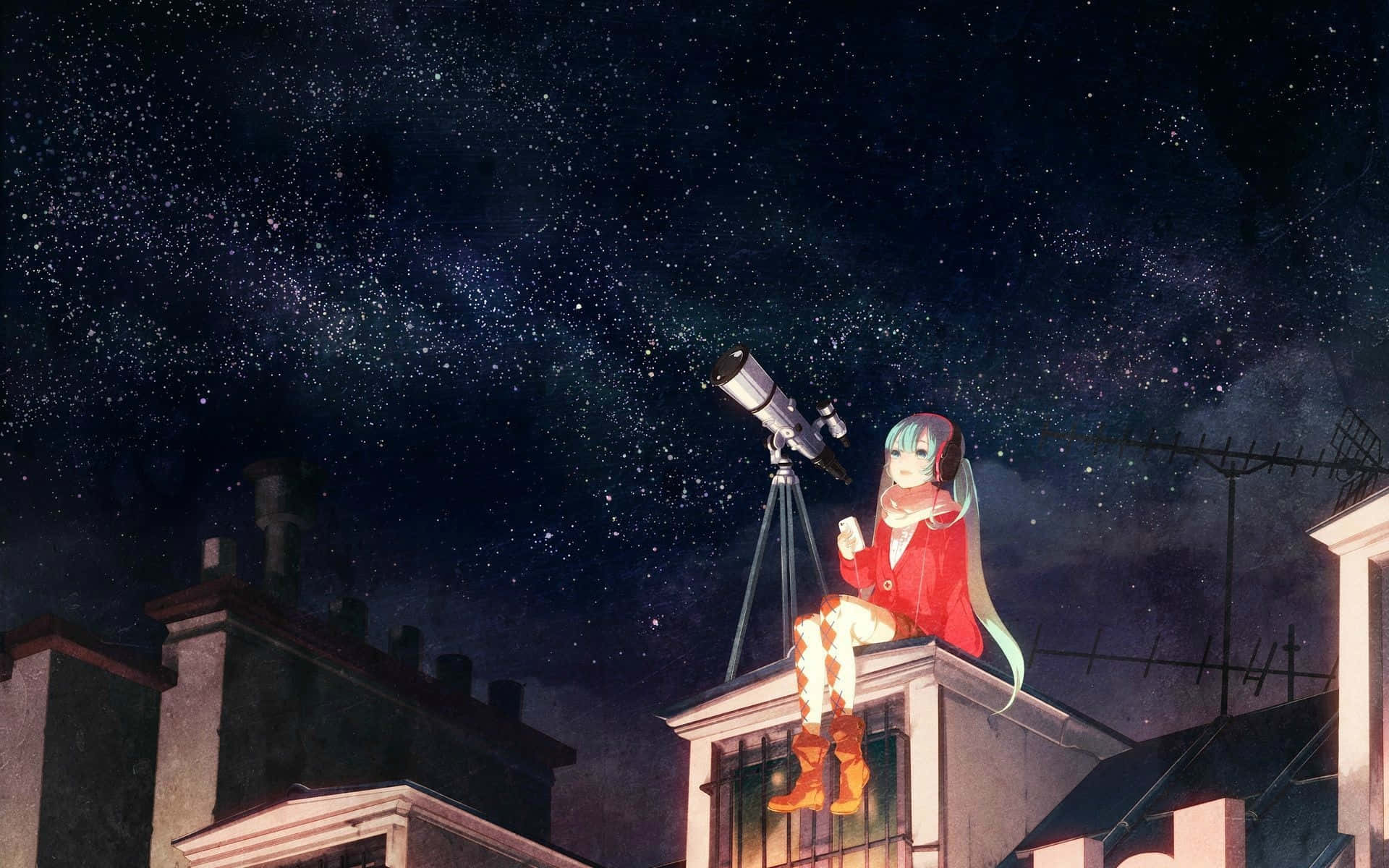 teal-haired anime girl, red coat, rooftop, Full HD Desktop Wallpaper