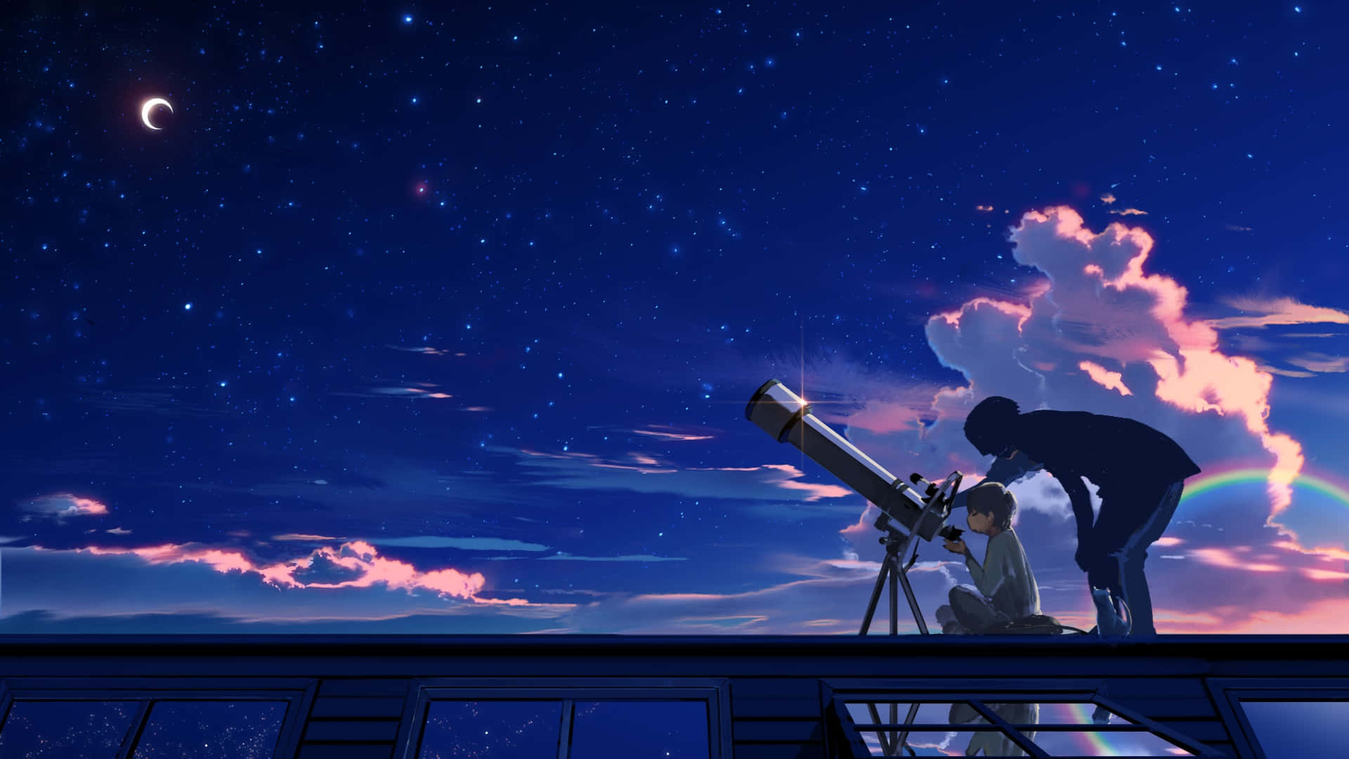 telescope, starry night sky, crescent moon, Full HD Desktop Wallpaper