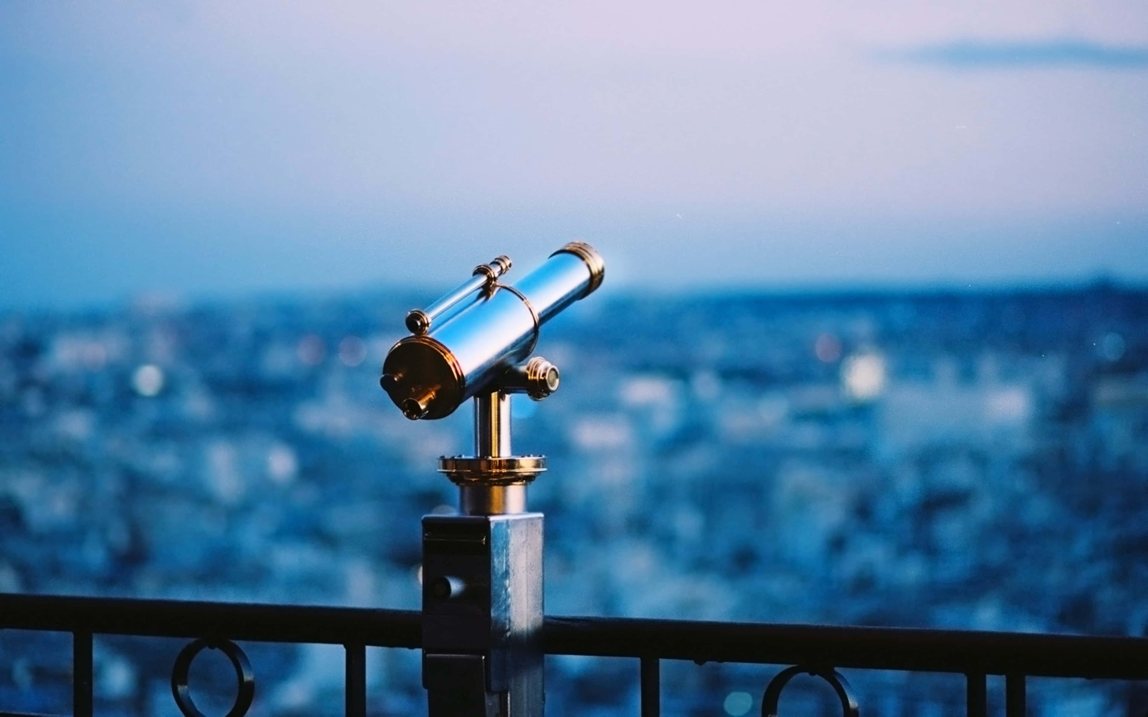 vintage brass and chrome telescope, railing, blurred blue cityscape, 4K Desktop Wallpaper