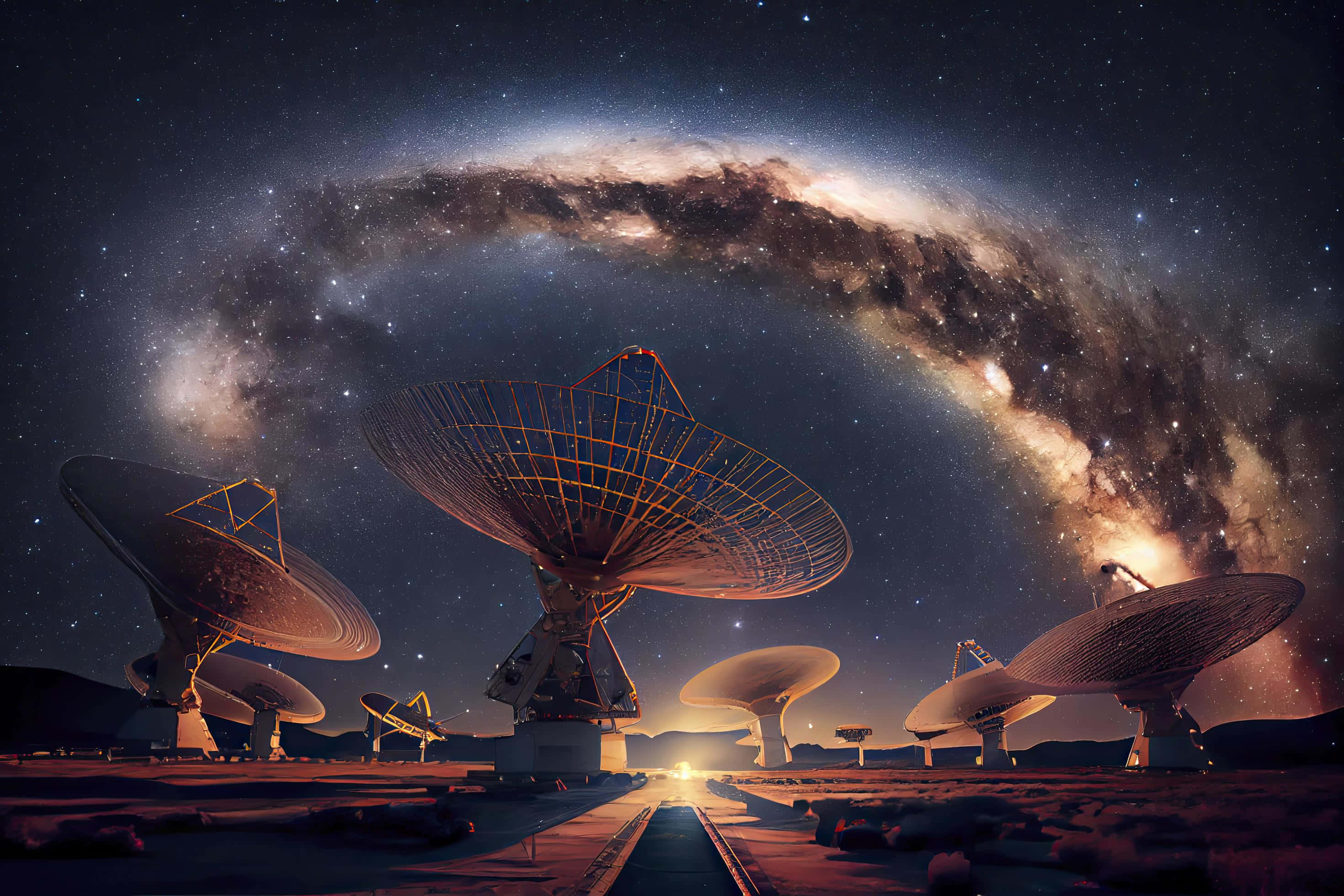 Starry Night, radio telescopes, desert, 2K Desktop Wallpaper