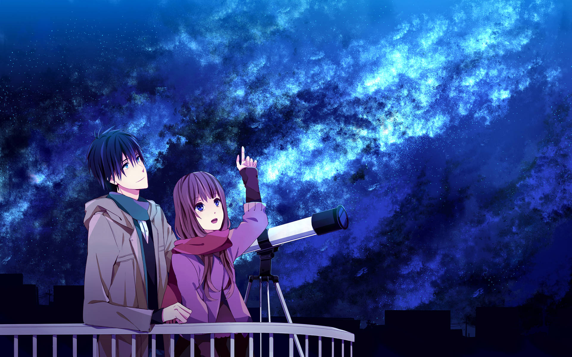 anime couple, telescope, rooftop, Full HD Desktop Wallpaper