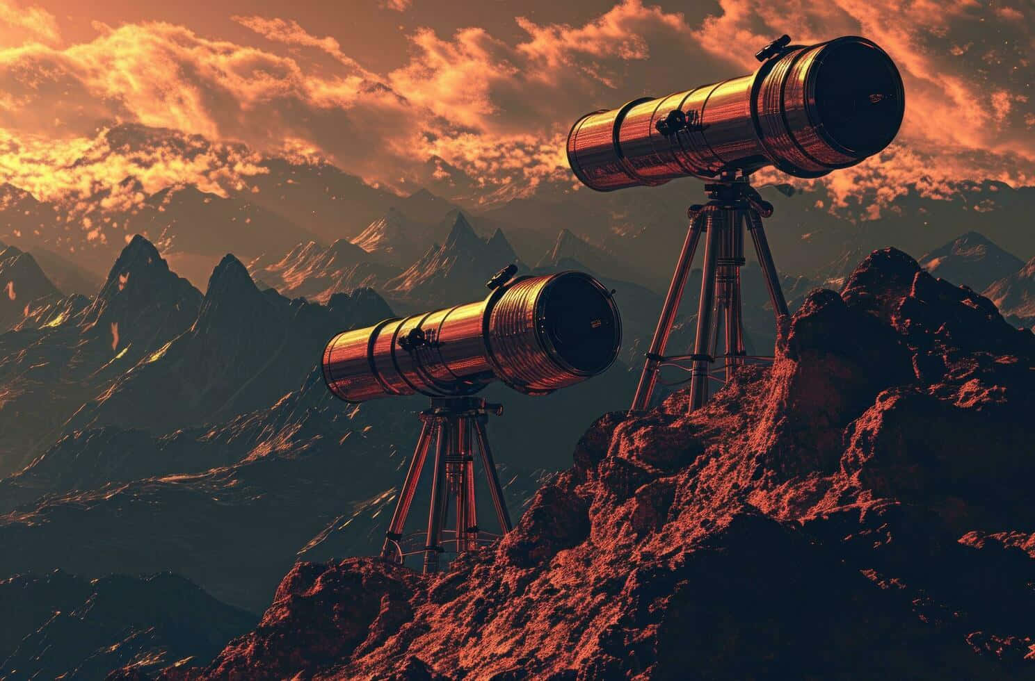 mountain top, telescopes, fiery orange sunset, HD Desktop Wallpaper