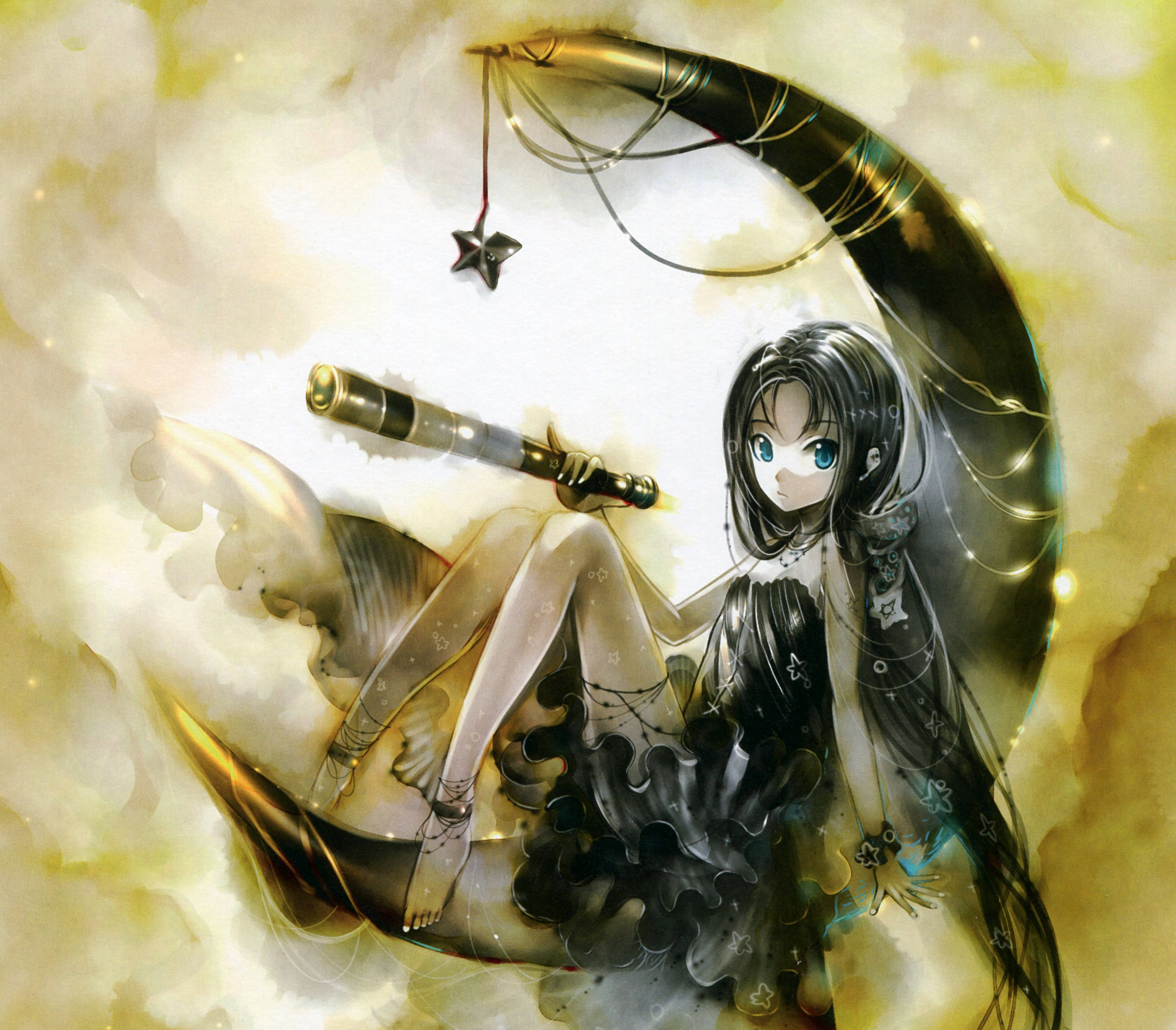 anime girl, long dark hair, crescent moon, 4K Desktop Wallpaper
