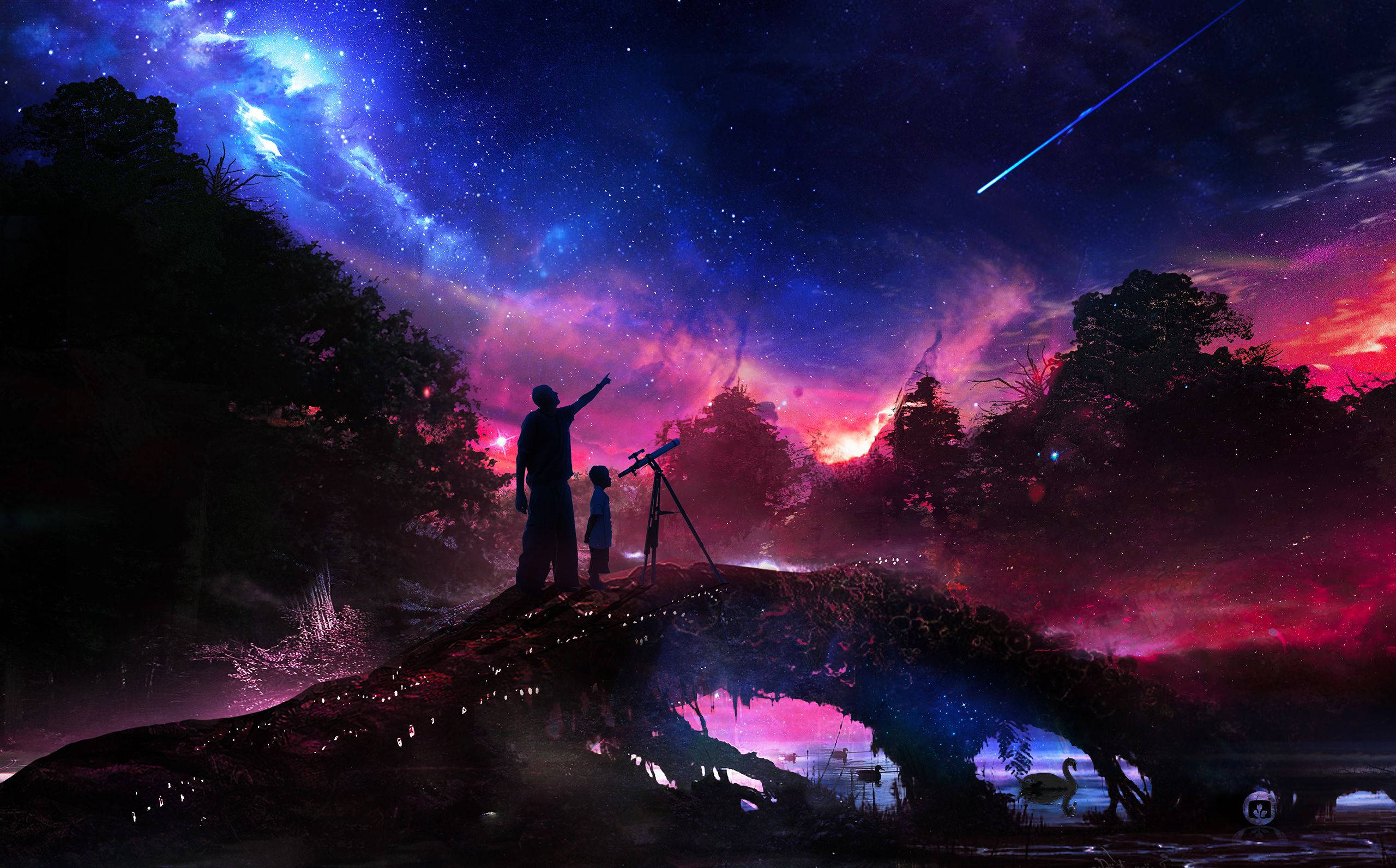 father and son, telescope, mossy bridge, 2K Desktop Wallpaper