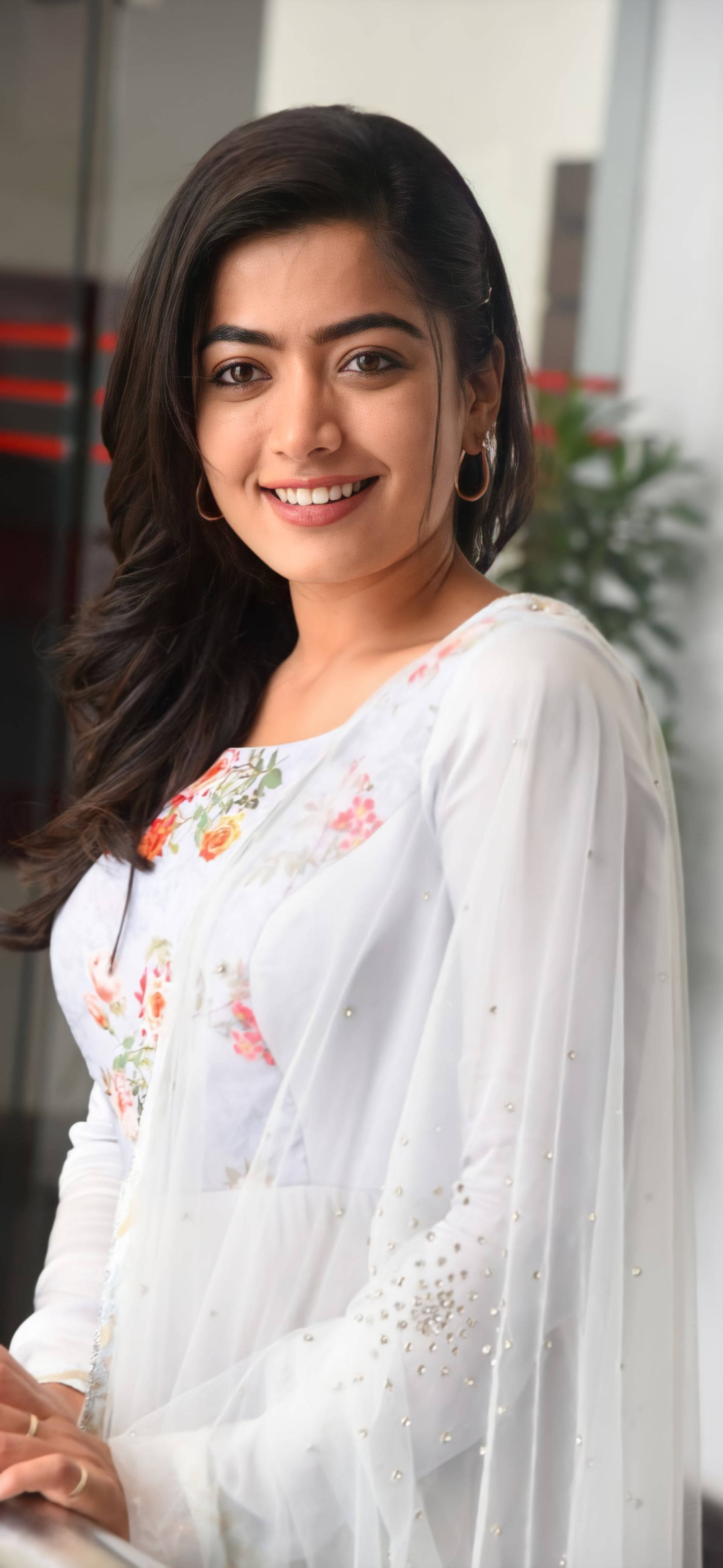 Telugu Heroines, all white sari, white floral embroidered outfit, 4K Phone Wallpaper