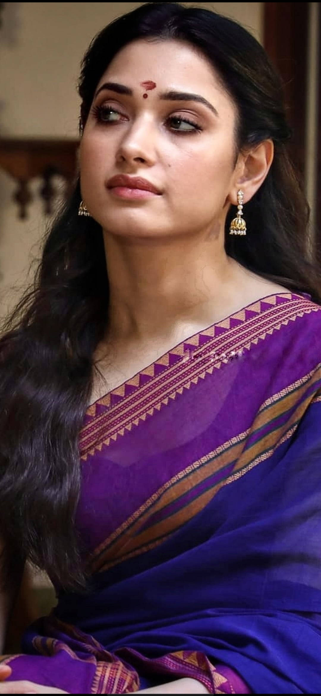 vicious telugu heroines, vibrant purple and gold patterned sari, long dark hair, Full HD Phone Wallpaper