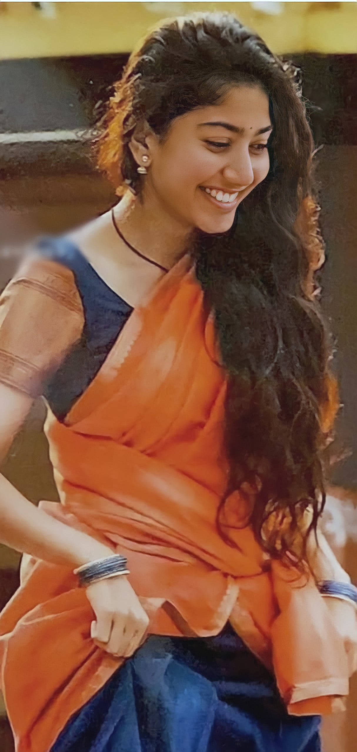 Telugu Heroines, long dark hair, vibrant orange and blue saree, Full HD Phone Wallpaper