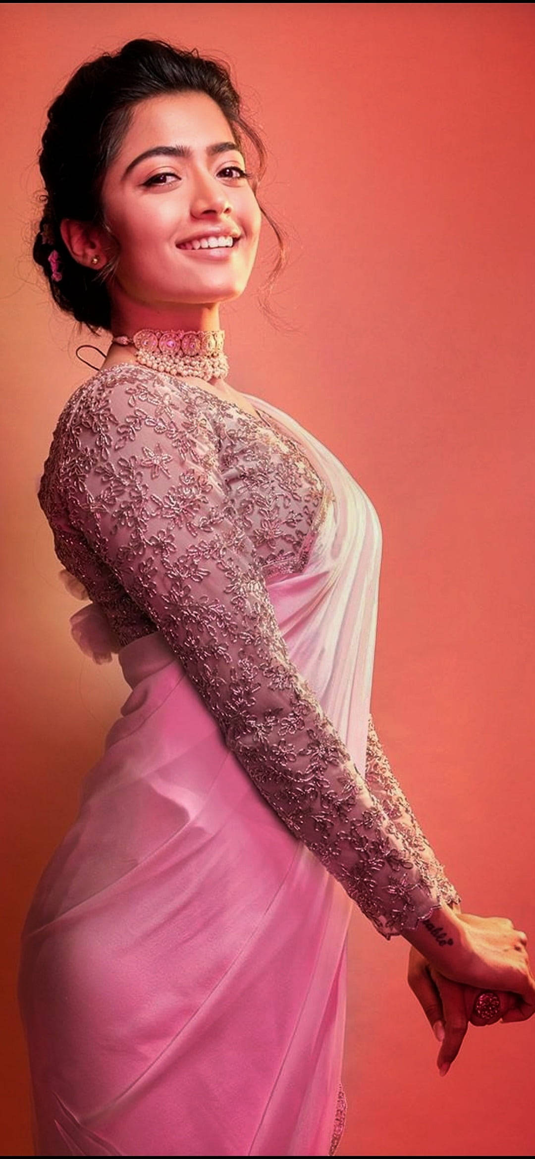pink embroidered sari, solid coral backdrop, woman, Full HD Phone Wallpaper