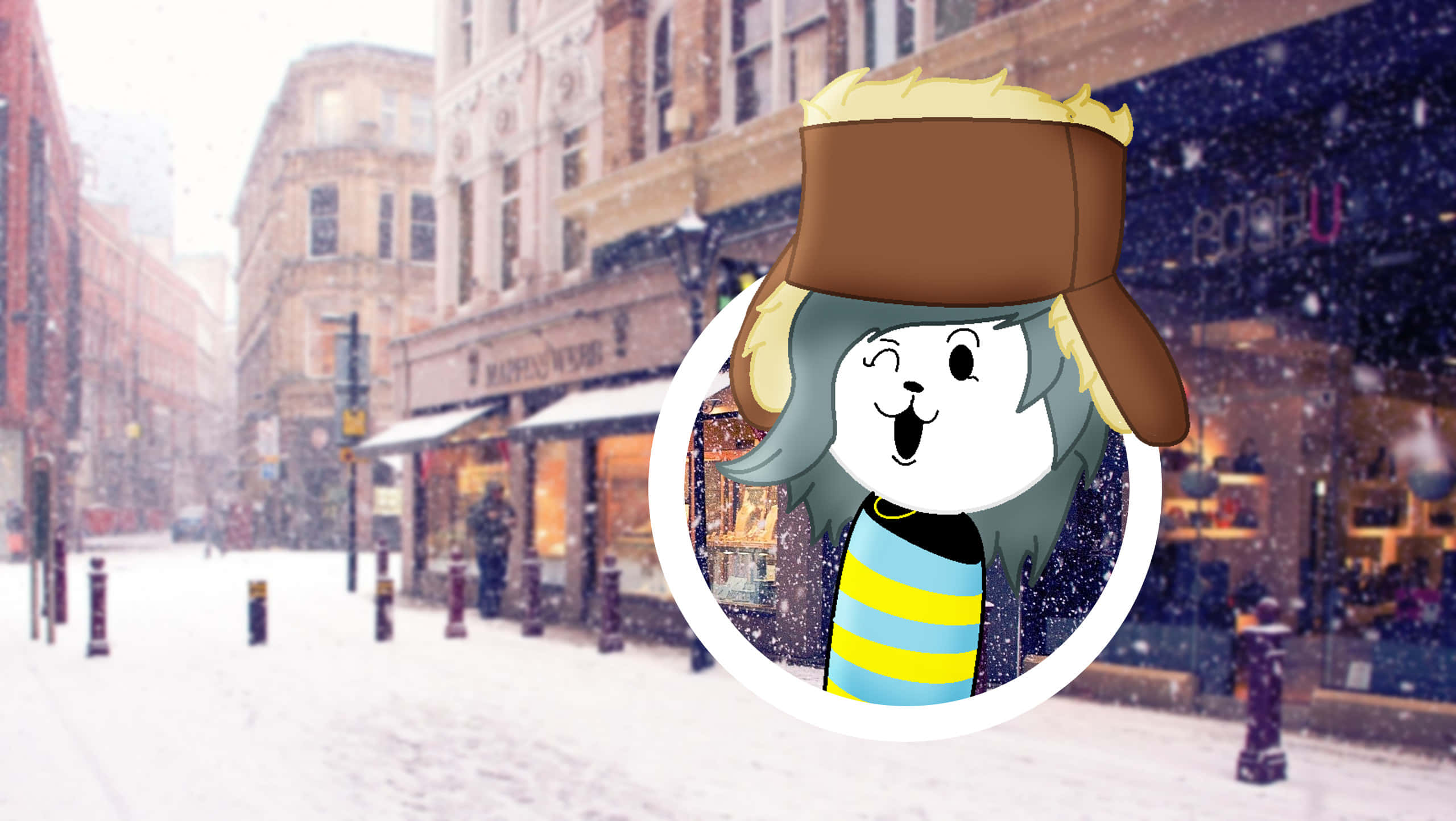 Temmie, Undertale, snowy urban street, 2K Desktop Wallpaper