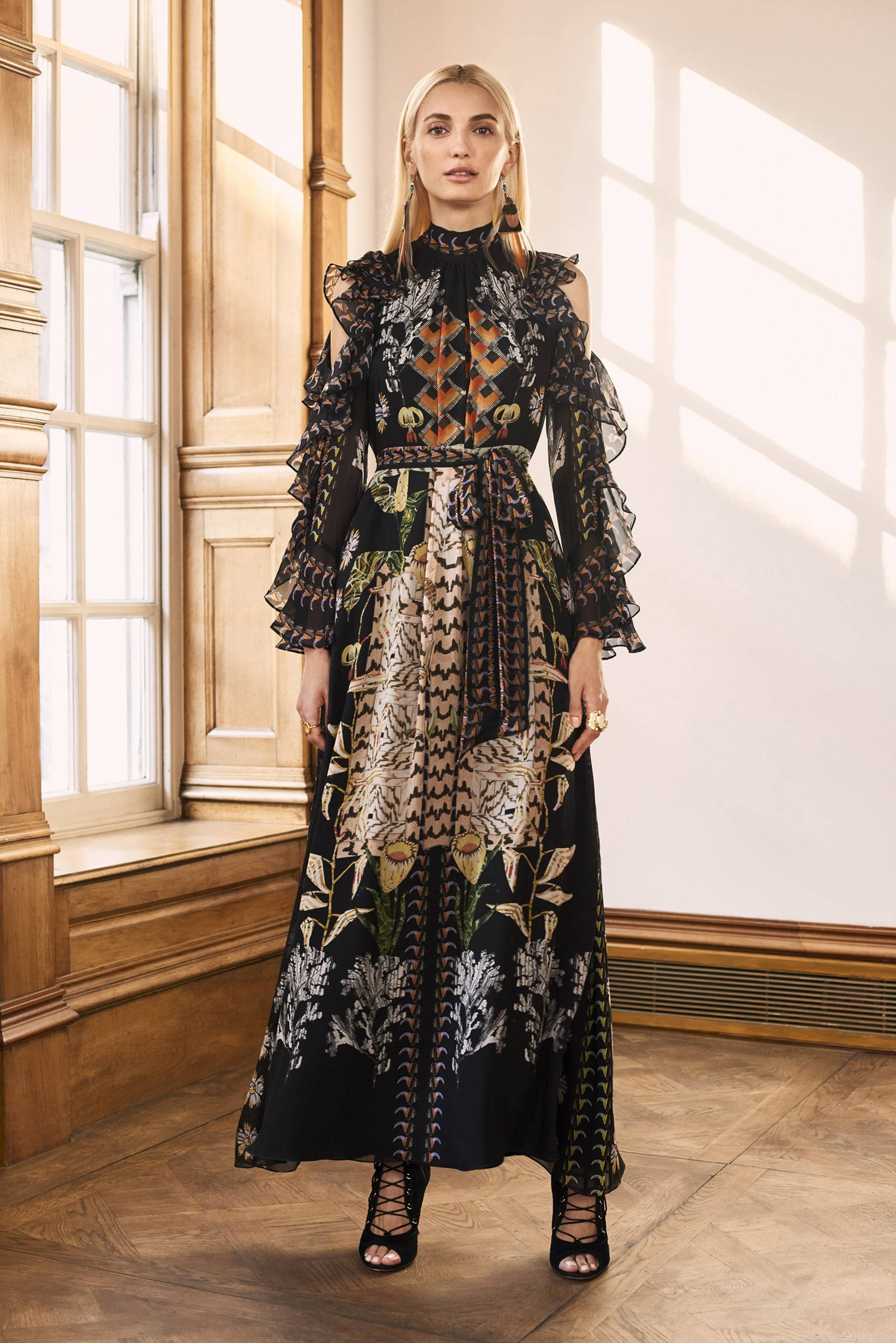 Temperley London, black dress, gold and green botanical patterns, 2K Phone Wallpaper