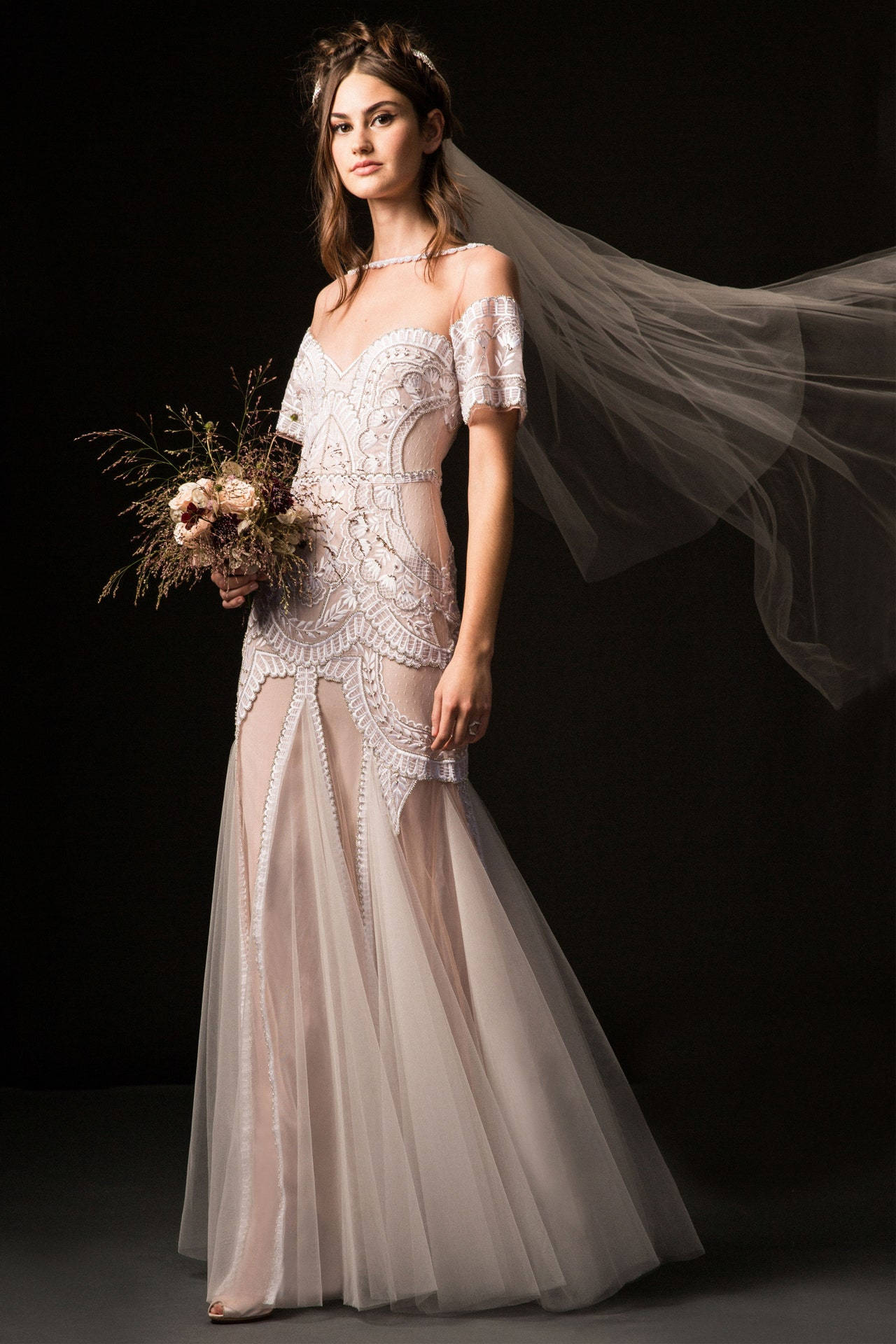 Temperley London, wedding dress, off-shoulder lace gown, Full HD Phone Wallpaper