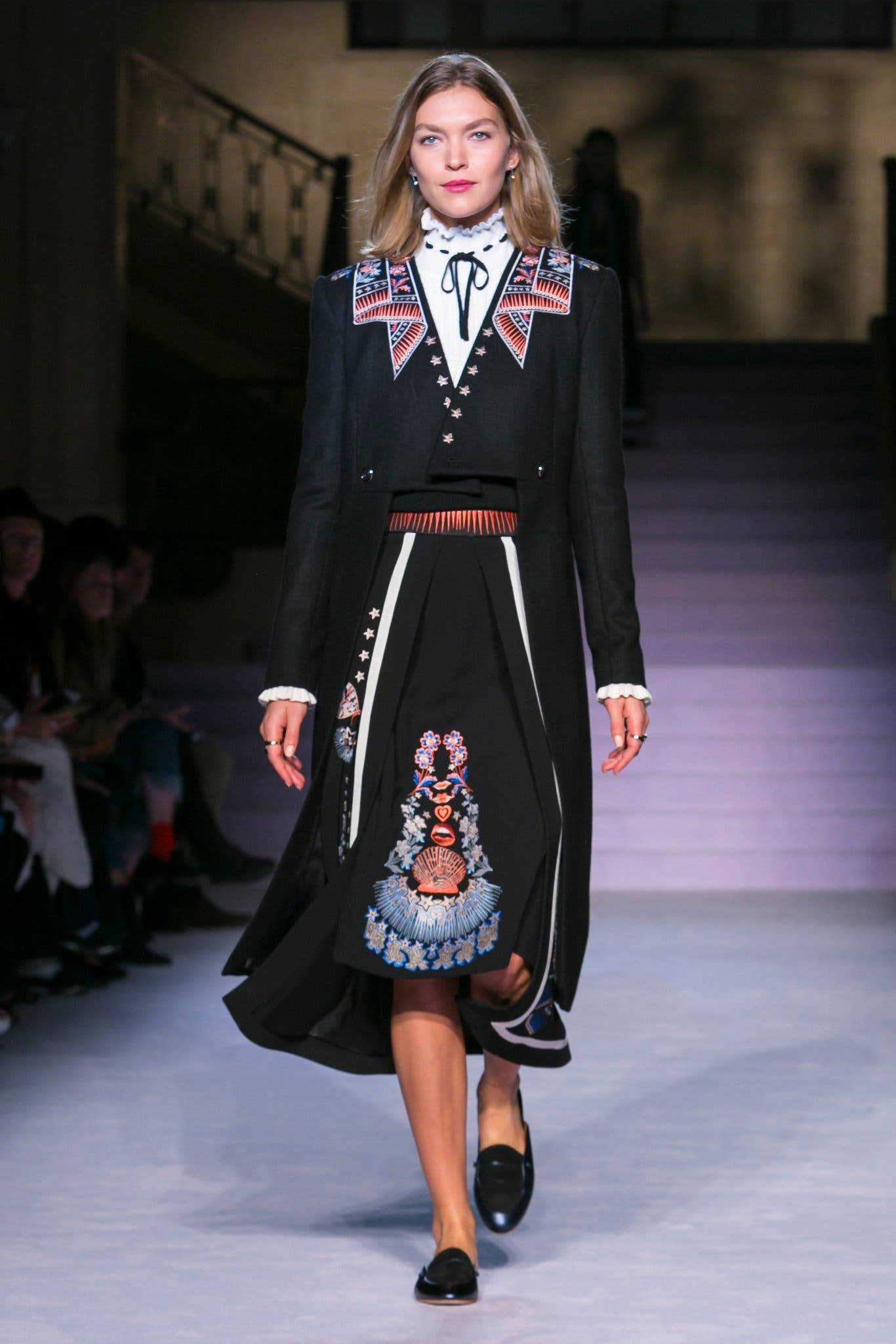 Temperley London, black dress, embroidered patterns, Full HD Phone Wallpaper