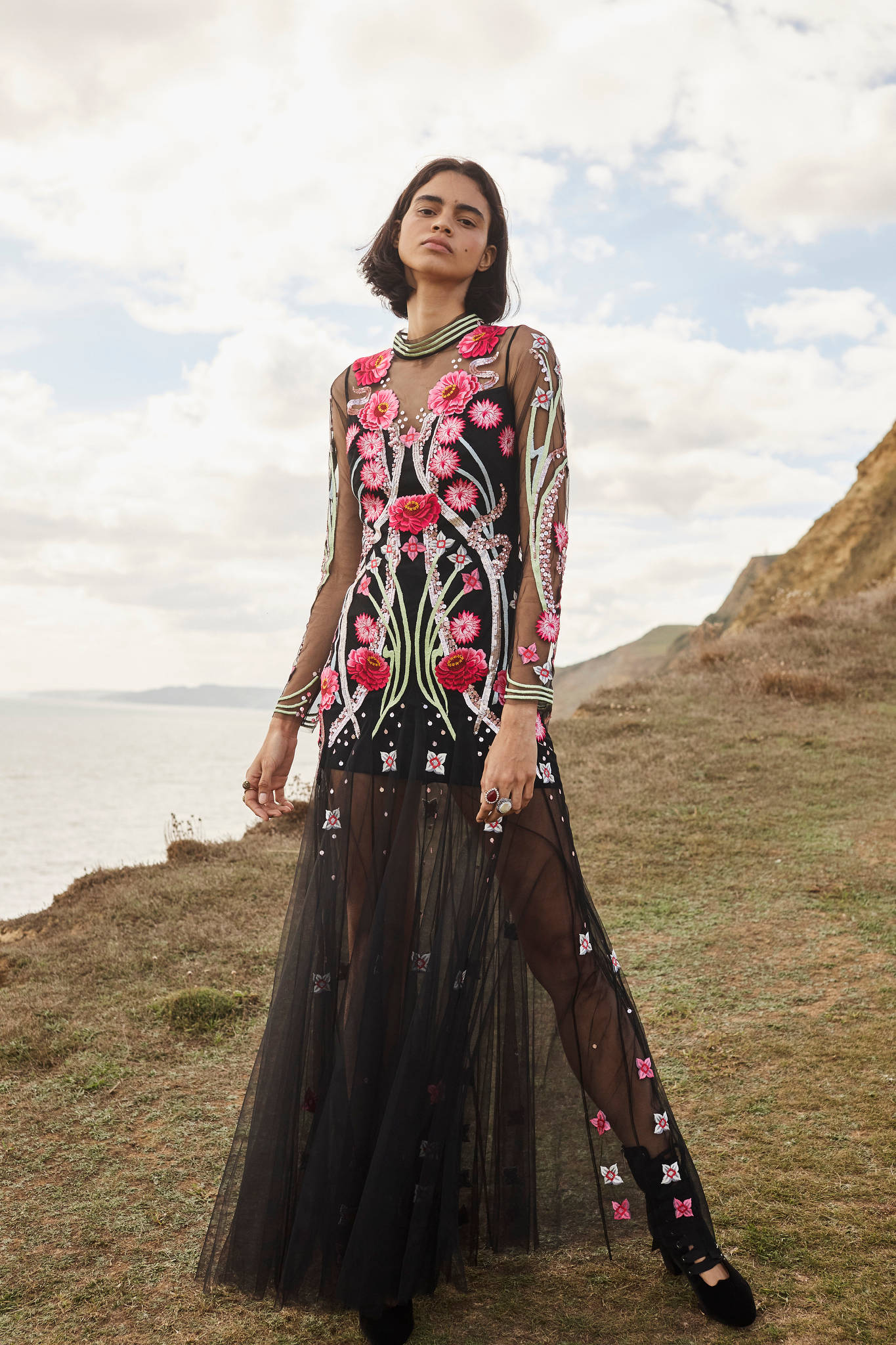 Temperley London, black dress, floral embroidery, Full HD Phone Wallpaper