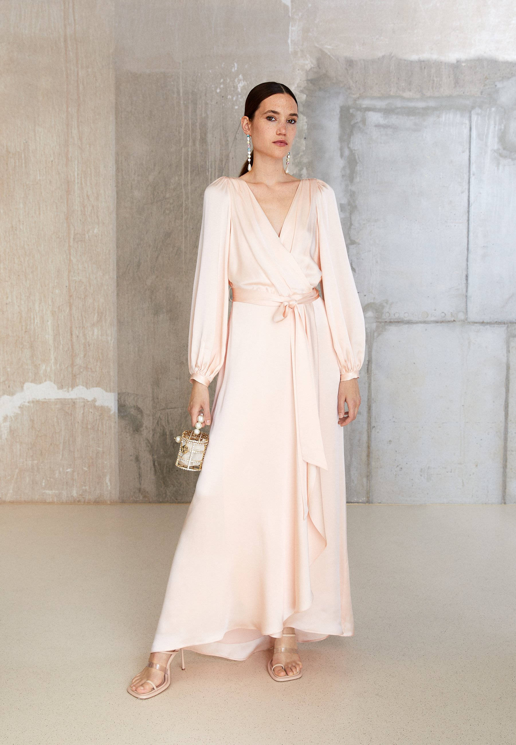 Temperley London, blush pink satin dress, textured concrete wall, 2K Phone Wallpaper