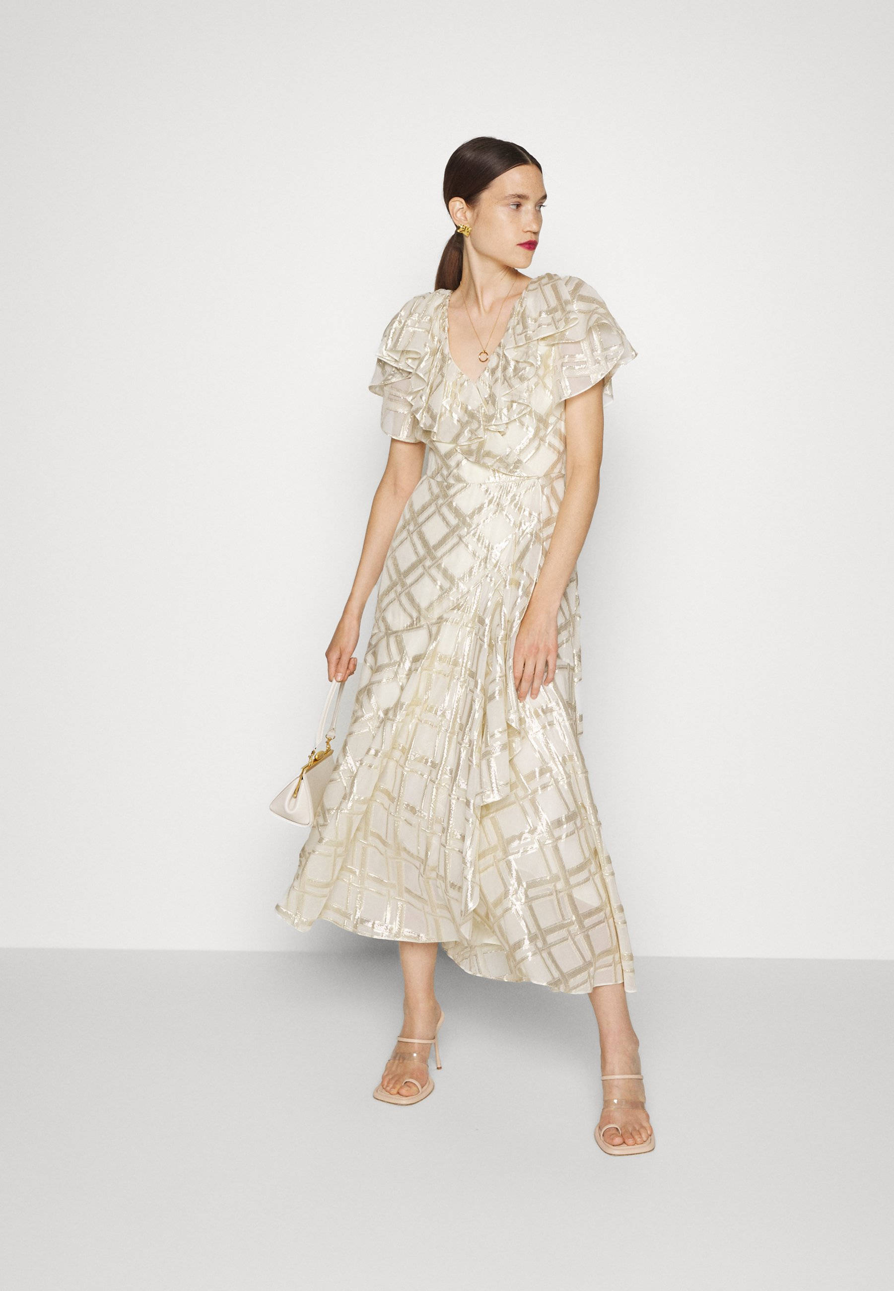 Temperley London, yellowish dress, shimmering gold and white patterned dress, 2K Phone Wallpaper