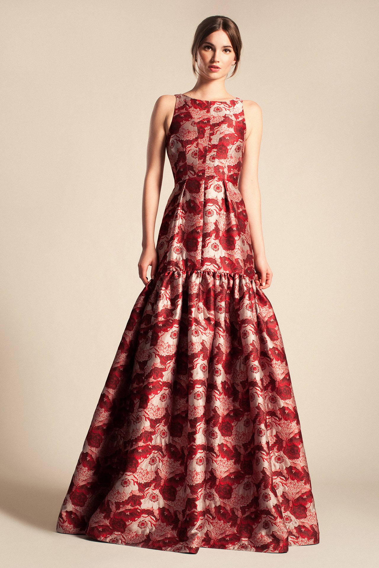 Temperley London, long red dress, floor-length red and cream floral gown, HD Phone Wallpaper