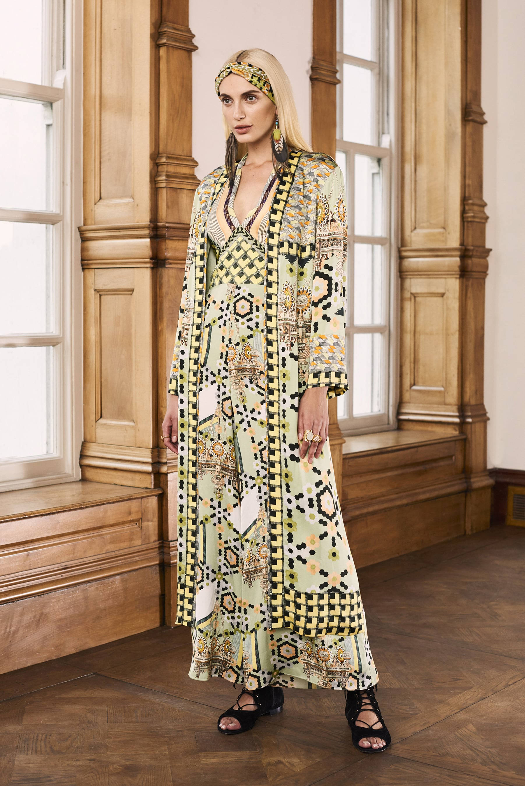 Temperley London, Blonde Model, geometric patterned green and gold dress, 2K Phone Wallpaper