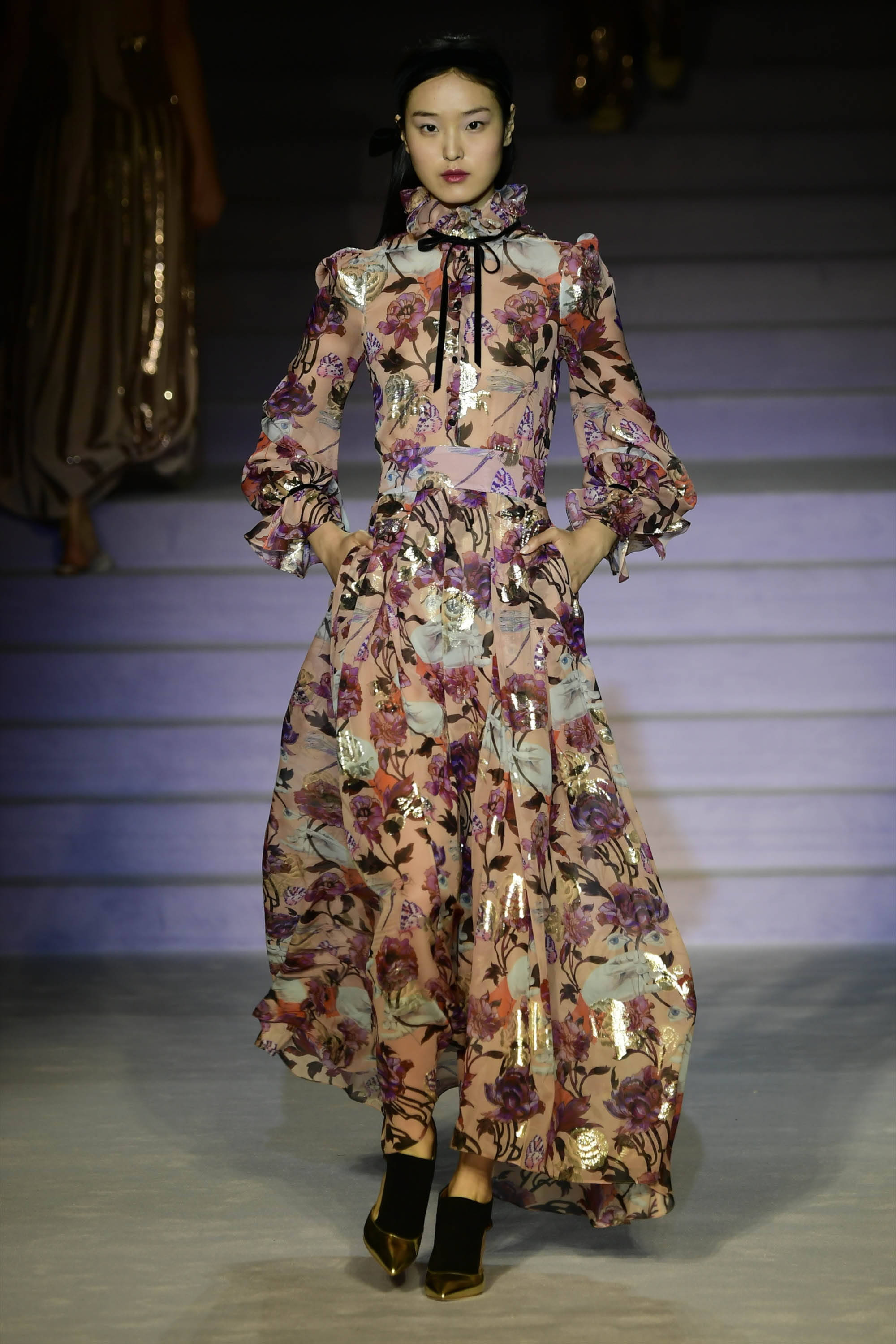 Temperley London, hands in pocket, voluminous floral gown, 2K Phone Wallpaper