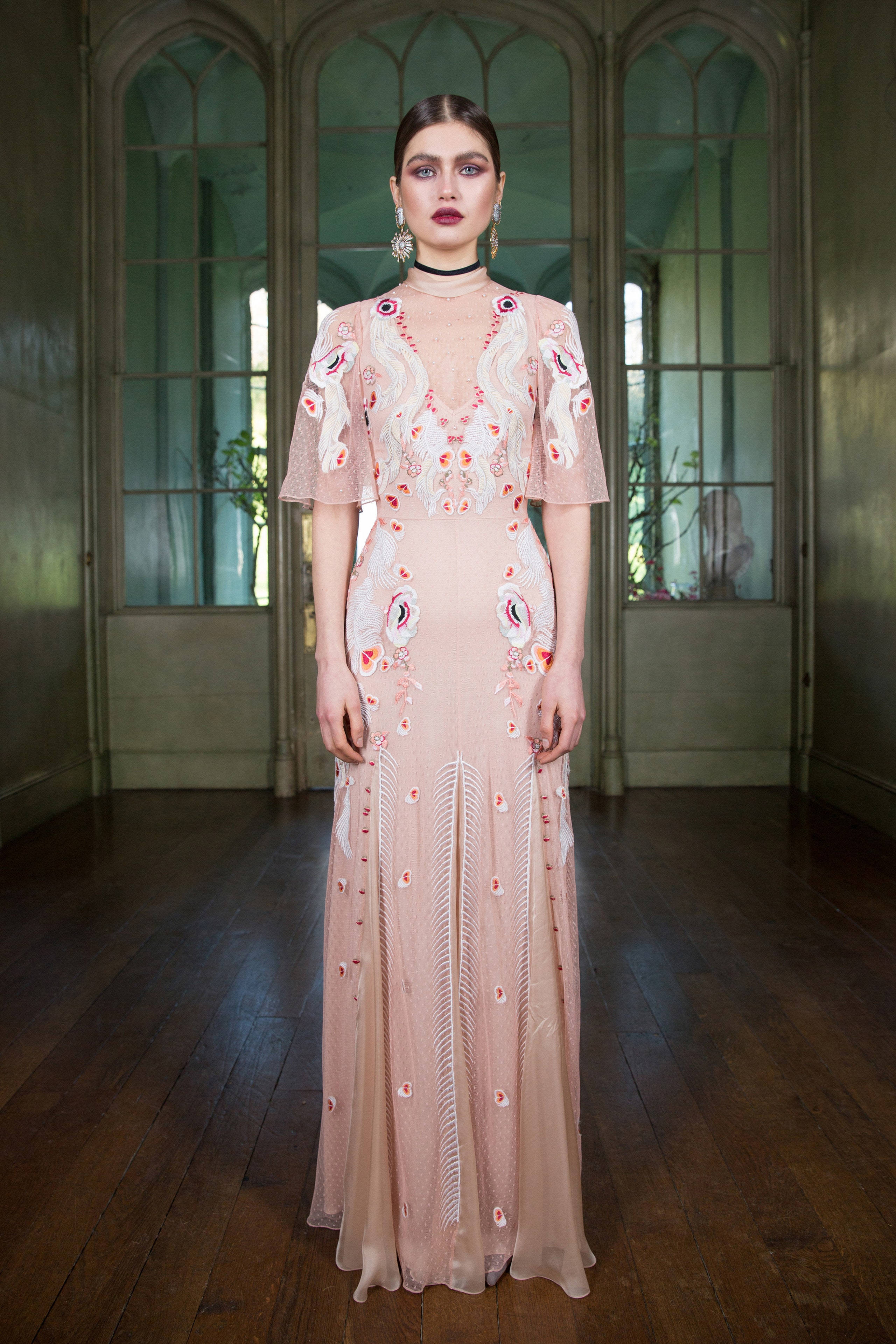 Temperley London, pink dress, floral embroidery, 4K Phone Wallpaper